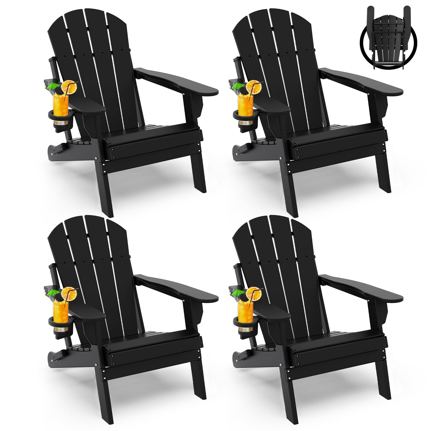 4-Pack Folding Adirondack Chairs with Cup Holders - Heavy Duty HDPE Plastic All-Weather Outdoor Furniture - Perfect for Backyard, Patio, Deck, Garden & Fire Pit Gatherings
