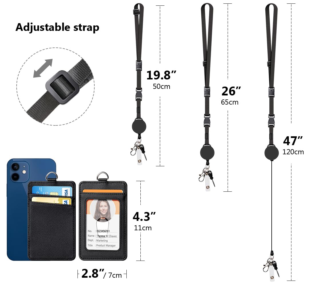 Leather Badge Holder with Retractable Lanyard - Office ID Card Holder for Staff & Students
