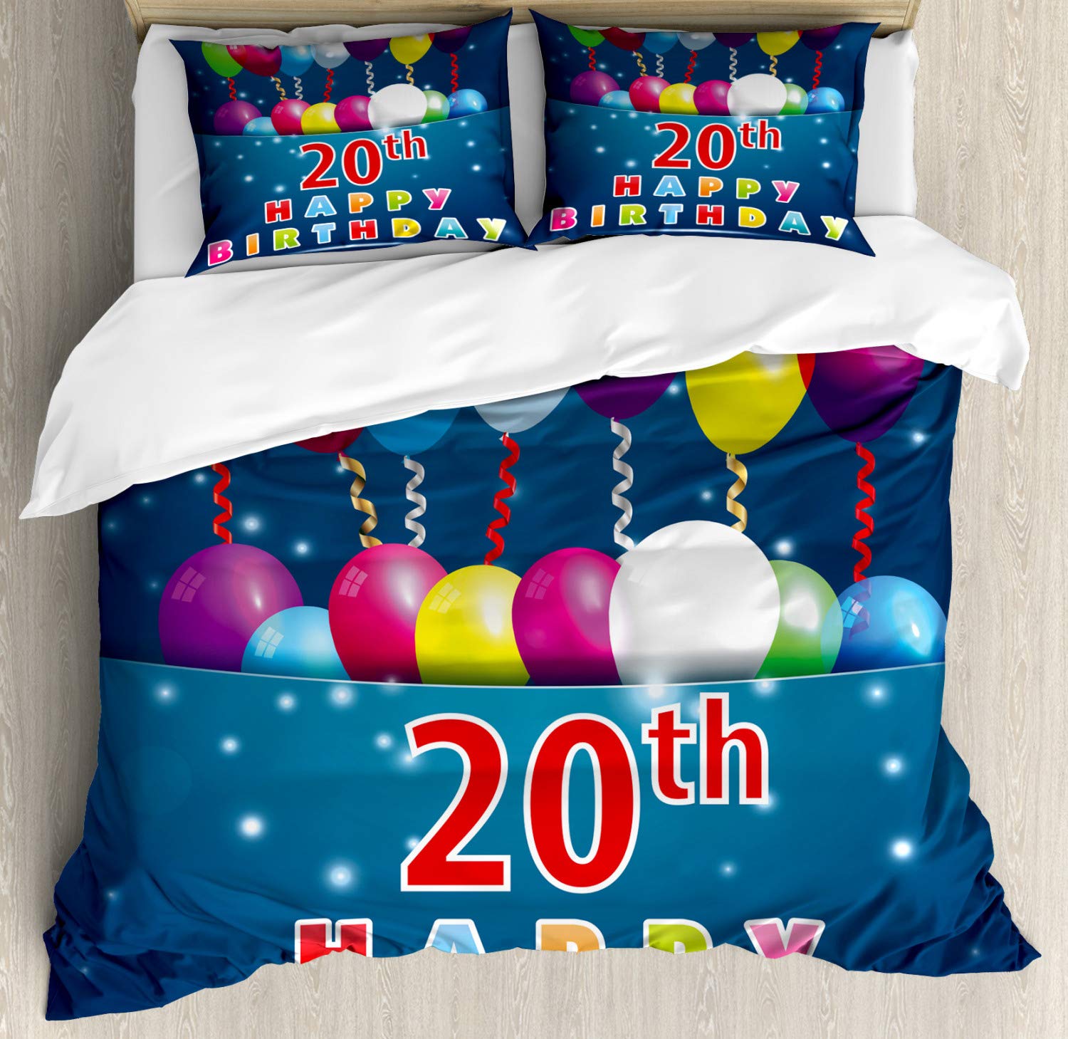 Ambesonne 20th Birthday Duvet Cover Set - Colorful Balloon Print 3-Piece Bedding with 2 Pillow Shams for California King Beds | Perfect for 20th Birthday Party Decorations & Teen Bedroom Makeovers