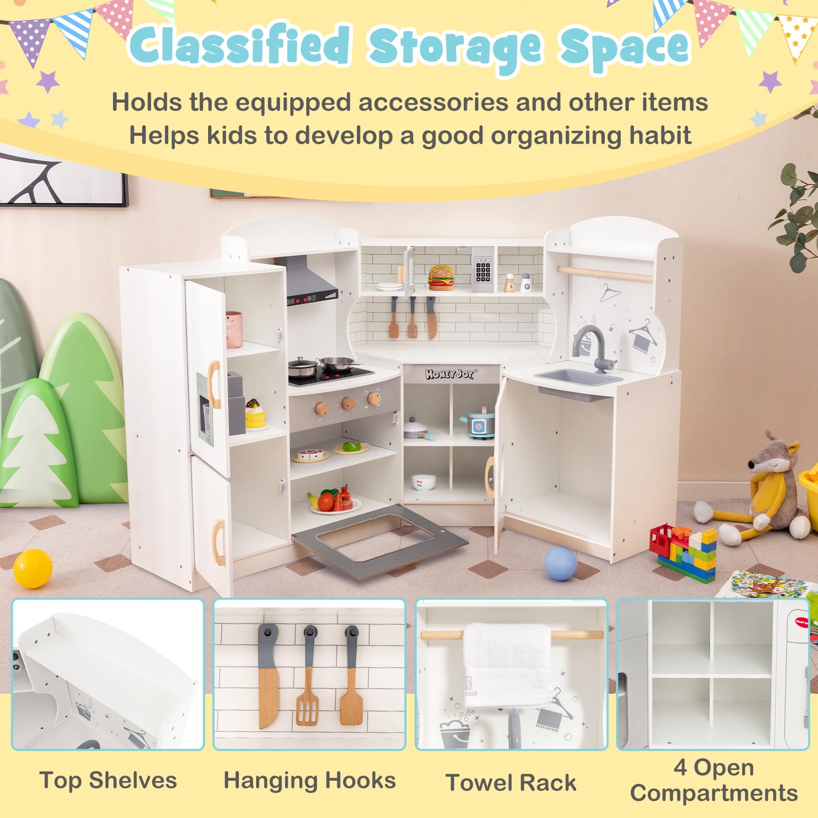 HONEY JOY Wooden Play Kitchen Set for Toddlers - Pretend Cooking Toy with Sink & Microwave for Kids Playroom