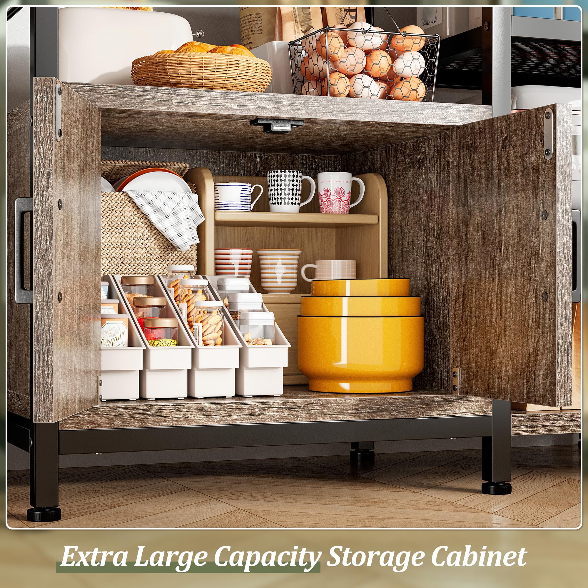 EnHomee 6-Tier Bakers Rack for Kitchen - Coffee Bar with Storage Cabinet, Microwave Stand with Large Capacity & Side Hooks - Perfect for Kitchen Organization, Coffee Station Setup & Small Appliance Storage