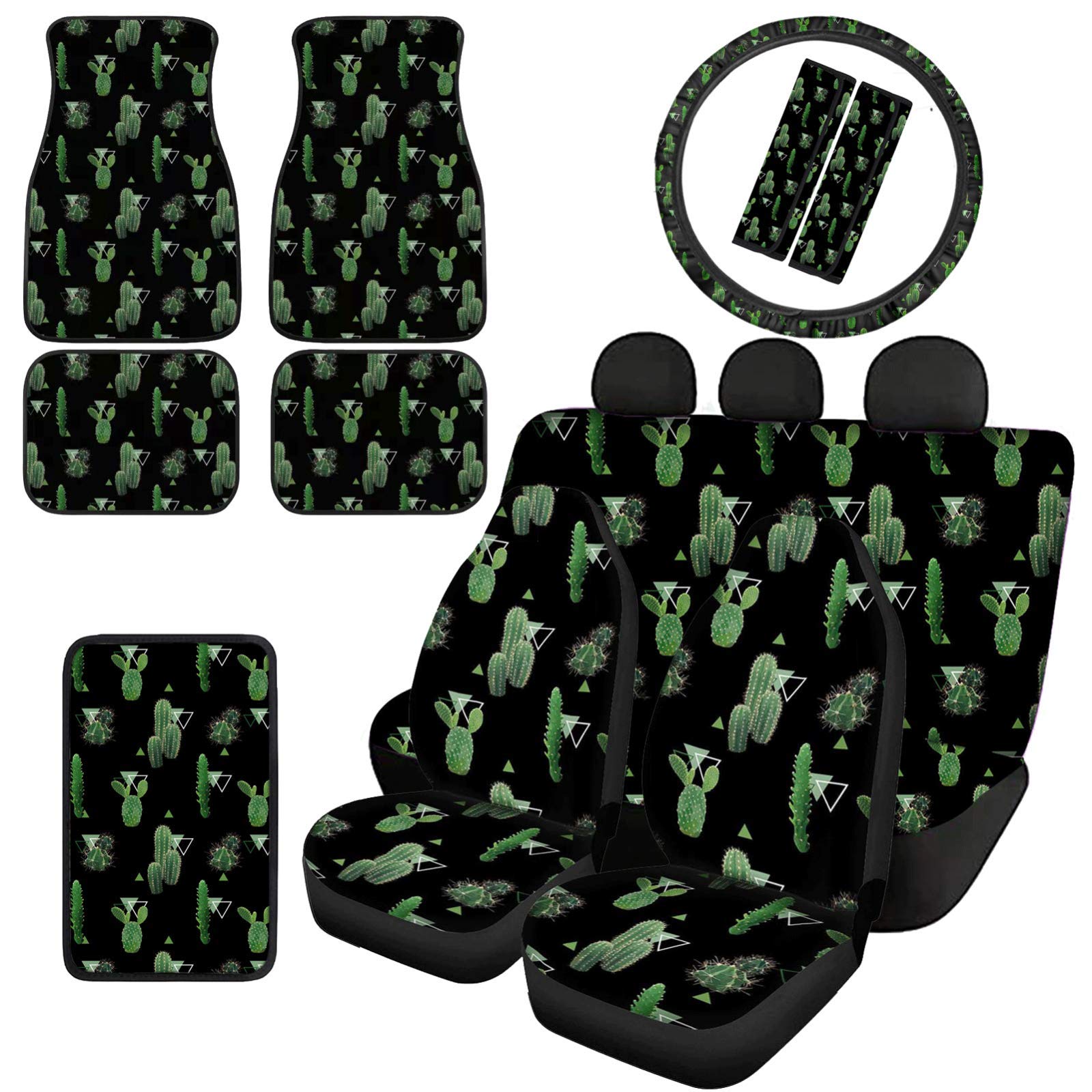 Premium 12-Piece Black Cactus Print Car Accessories Set - Neoprene Floor Mats, Steering Wheel Cover, Armrest Cushion, Seat Belt Pads & Pet Blankets for SUV, Sedan, Truck | Waterproof & Non-Slip Interior Protection for Road Trips, Commuting & Pet Travel