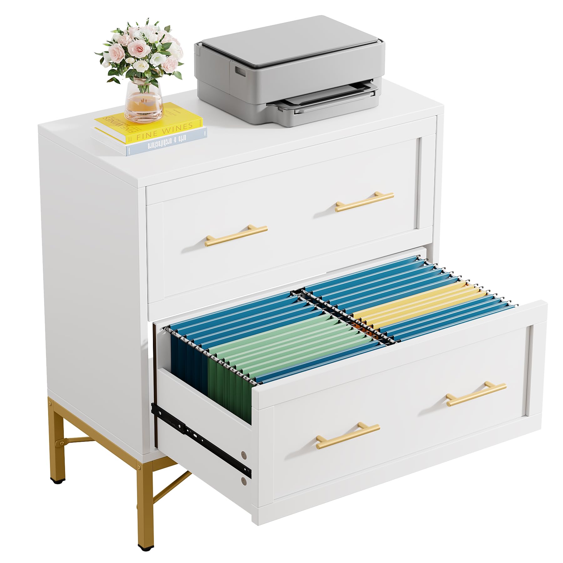 Tribesigns 2-Drawer White & Gold File Cabinet - Modern Lateral Filing Cabinet for Letter/Legal/A4 Documents - Wood Storage Cabinet with Printer Stand for Home & Office - Perfect for Organizing Files, Office Supplies & Workspace Essentials