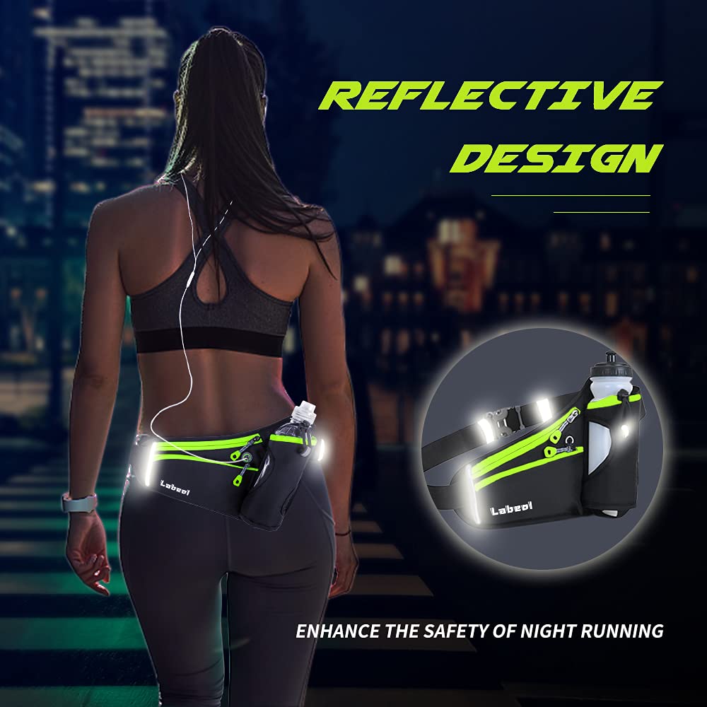 Labeol Adjustable Running Belt with Water Bottles - 2 Zipper Pockets Hydration Waist Pack for Men & Women - Lightweight Fanny Pack for Hiking, Climbing, Jogging & Outdoor Activities (Green)