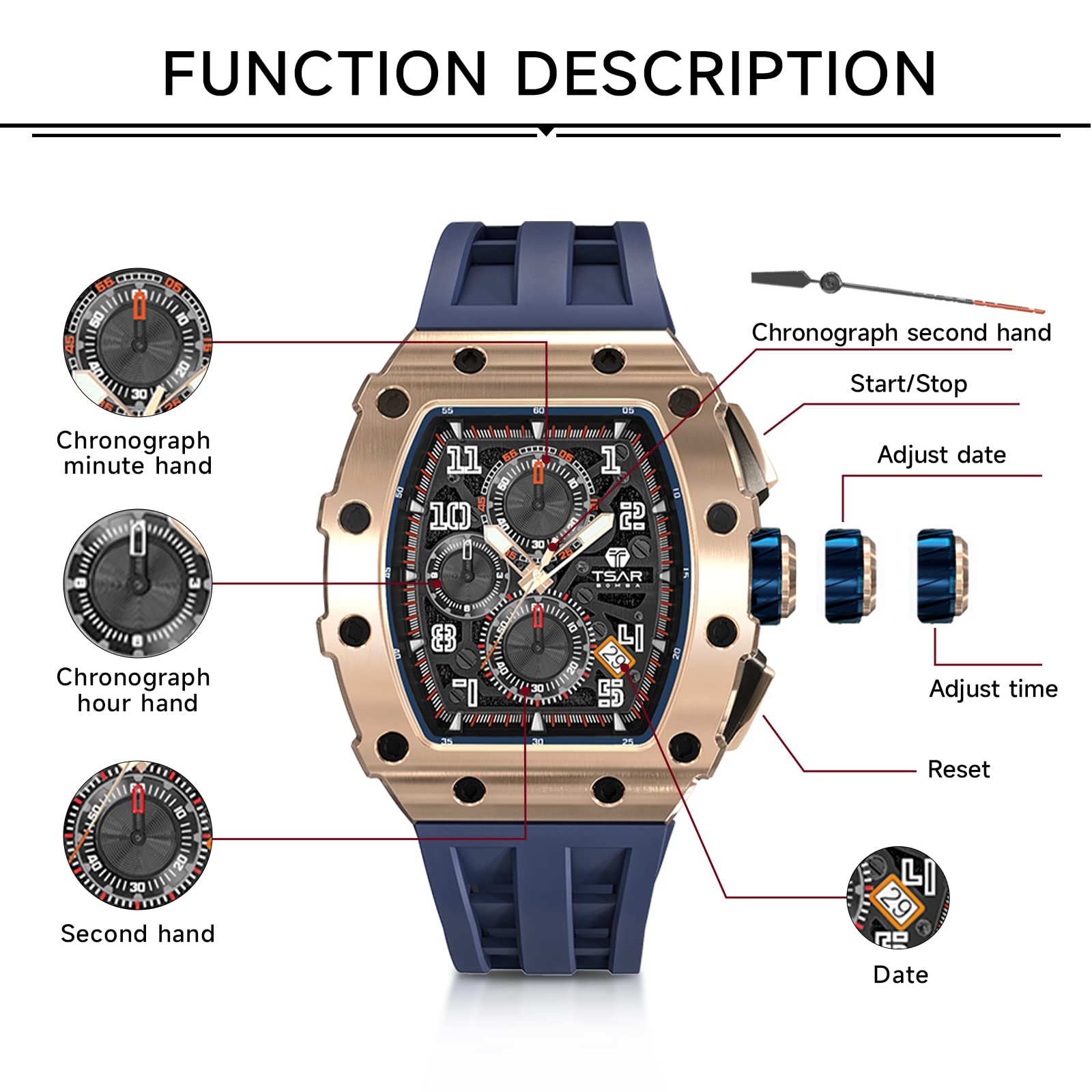 TSAR BOMBA Men's Luxury Chronograph Watch - 50M Waterproof, Luminous Hands, Date Display, Japanese Quartz Movement, Sapphire Crystal, Silicone Strap - Fashion Sport Watch for Business, Casual & Outdoor Activities - Perfect Gift for Men