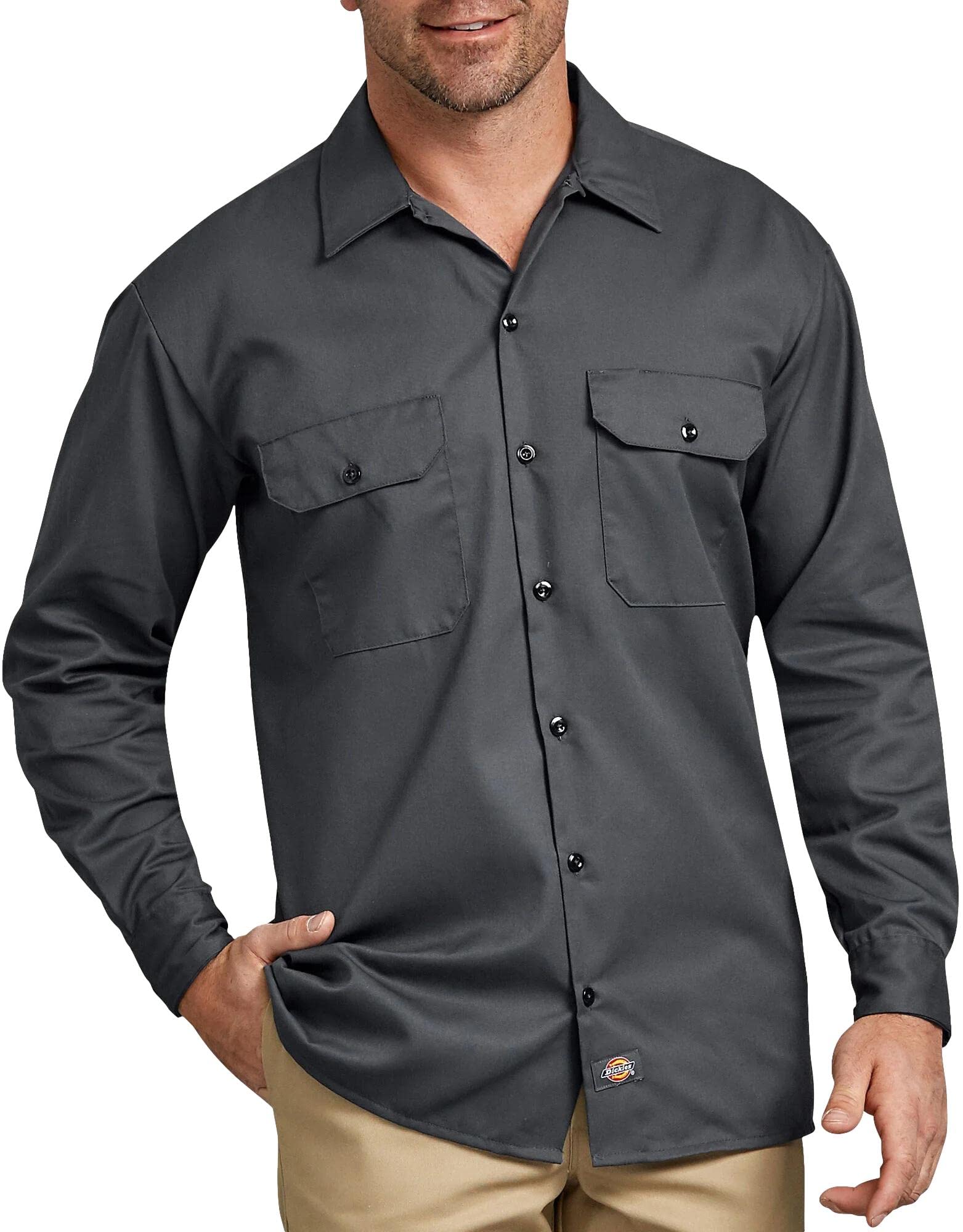Dickies Men's Big & Tall Long Sleeve Work Shirt - Durable Cotton Workwear for Construction, Farming & Outdoor Jobs (Relaxed Fit, Multiple Pockets)
