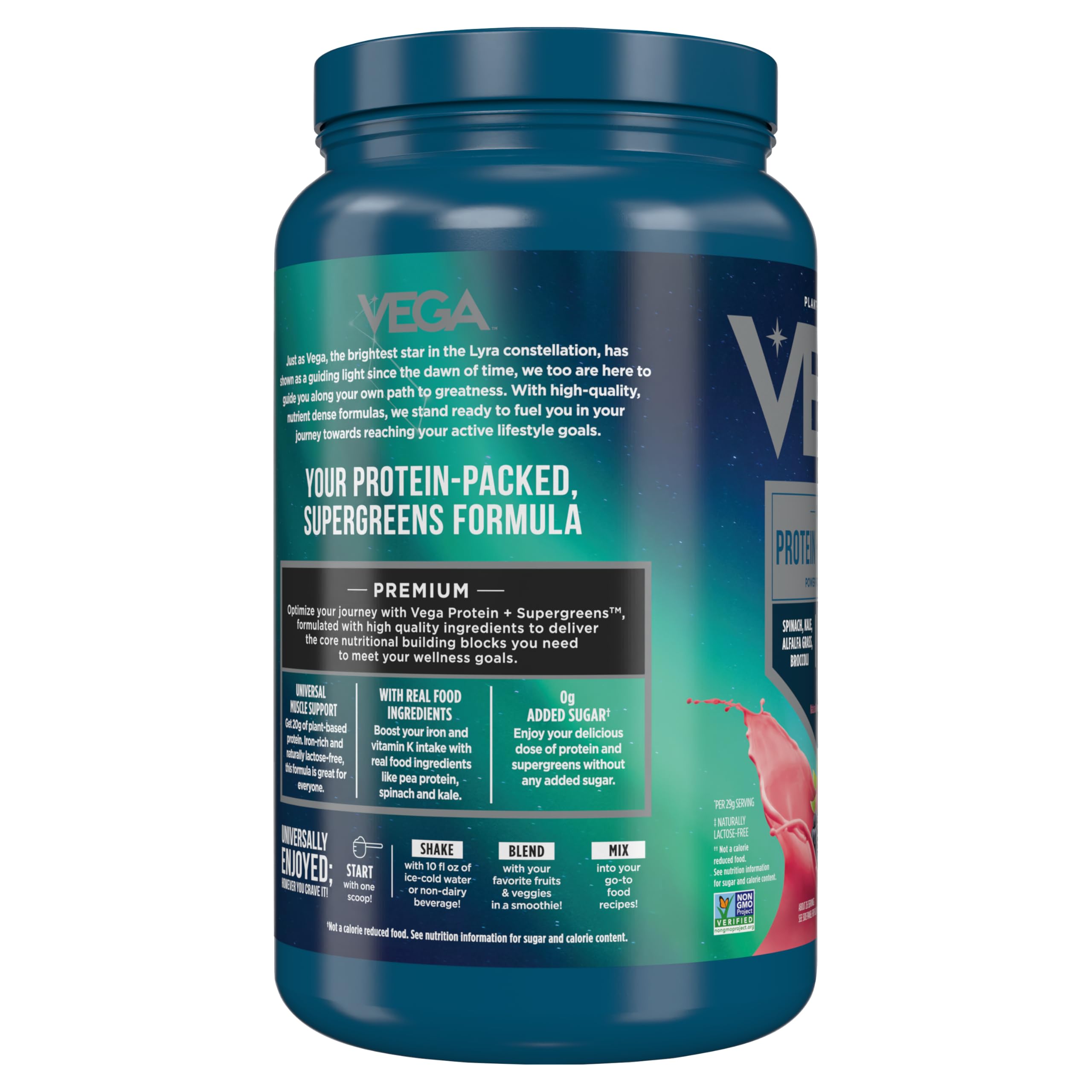 Vega Protein and Greens Plant-Based Protein Powder, Berry Flavor - 20g Vegan Protein with Superfood Greens, Non-GMO, Gluten-Free Pea Protein for Men & Women, 1.7 lb (Packaging May Vary) - Perfect for Post-Workout Recovery, Smoothies & Healthy Meal Replacement