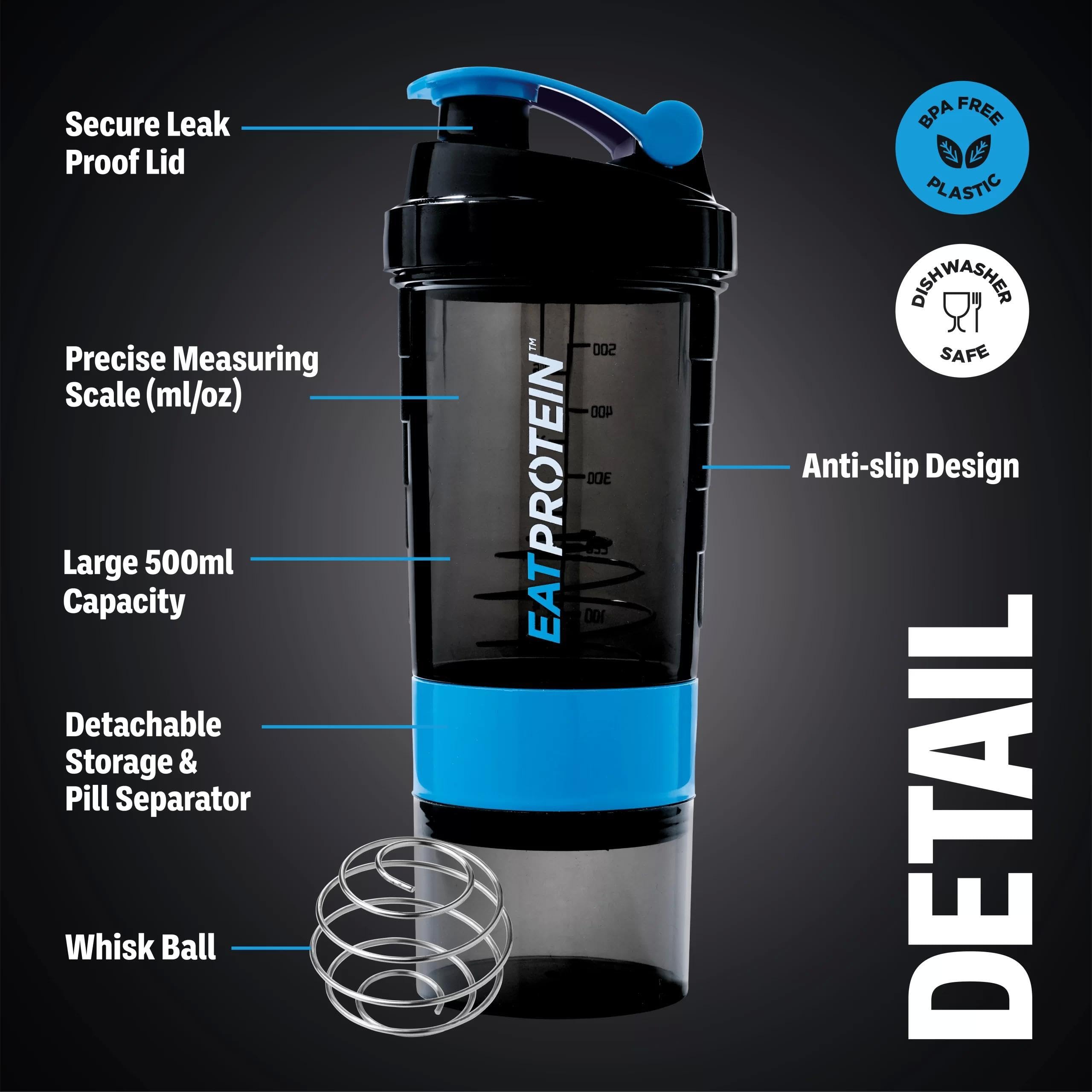 EatProtein 500ml Protein Shaker Bottle with 2 Detachable Powder Containers - Leakproof Gym Water Bottle for Protein Shakes & Workout Drinks - Perfect for Bodybuilding, Fitness & Post-Workout Recovery