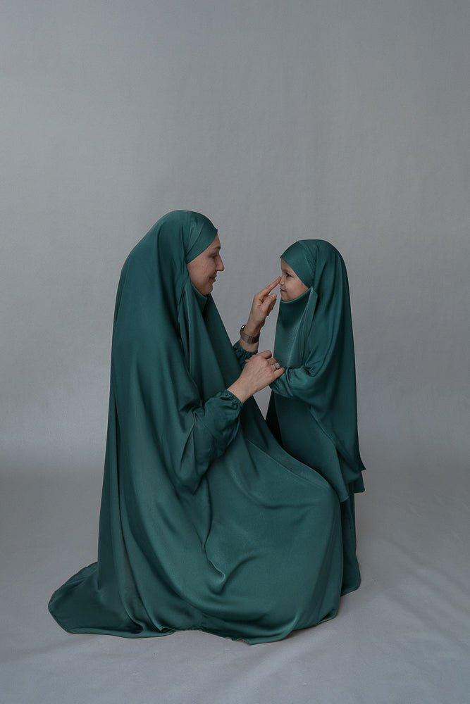 Dark Green Kids Prayer Gown - Mommy and Me Prayer Khimar Collection | Islamic Prayer Dress for Girls, Modest Muslim Children's Wear, Eid & Mosque Outfit