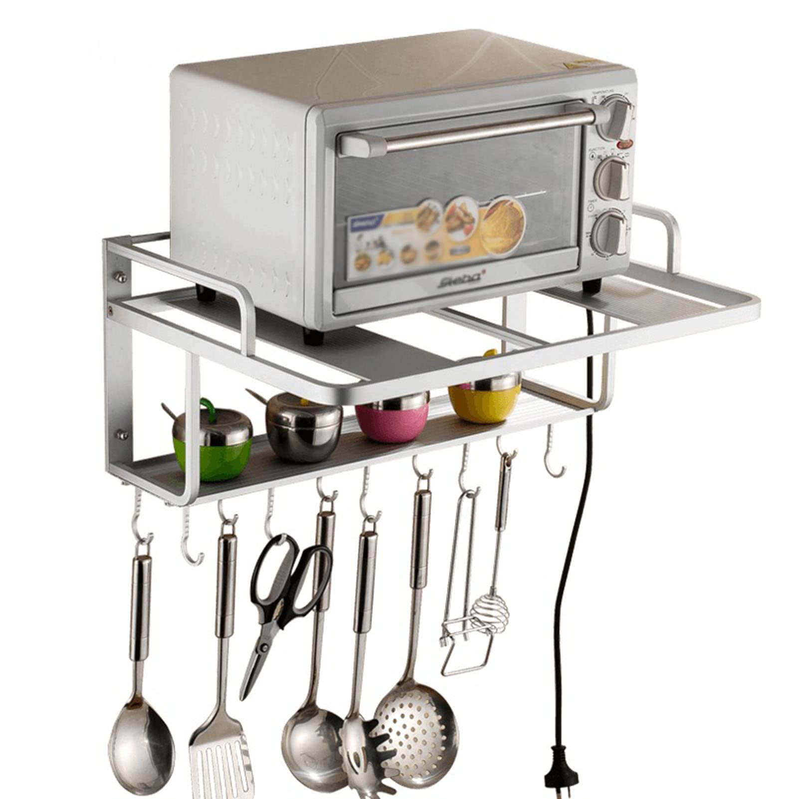 Double Layer Microwave Shelf - Wall Mounted Kitchen Storage Organizer with 10 Hooks for Pans, Pots, Knives & Spoons | Space Saving Kitchen Rack for Small Kitchens & Apartments