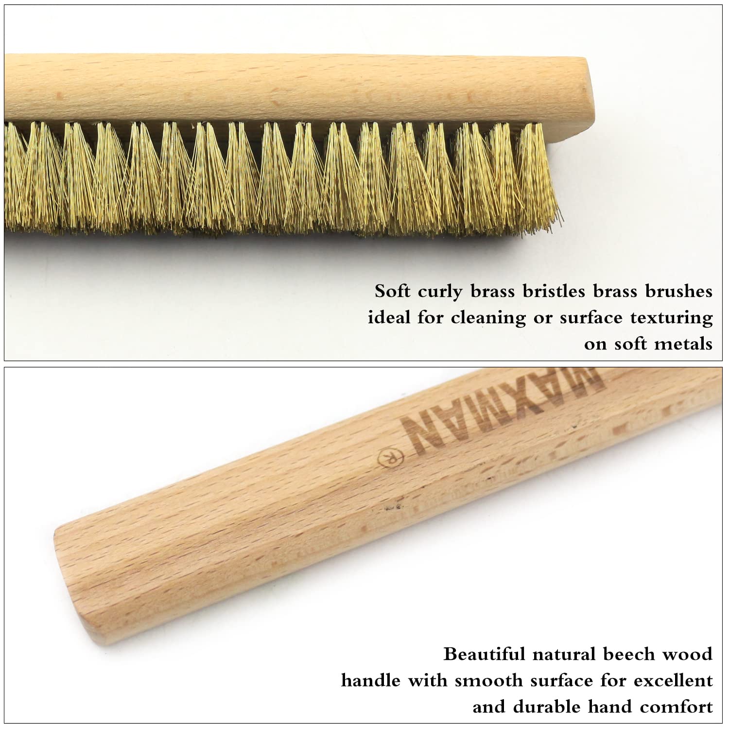 MAXMAN Copper Brass Brush with Soft Bristles – 10 Inch Natural Beechwood Handle for Rust Removal, Metal Surface Cleaning & Texturing – Heavy Duty Wire Brush for DIY, Automotive, Welding & Home Improvement Projects