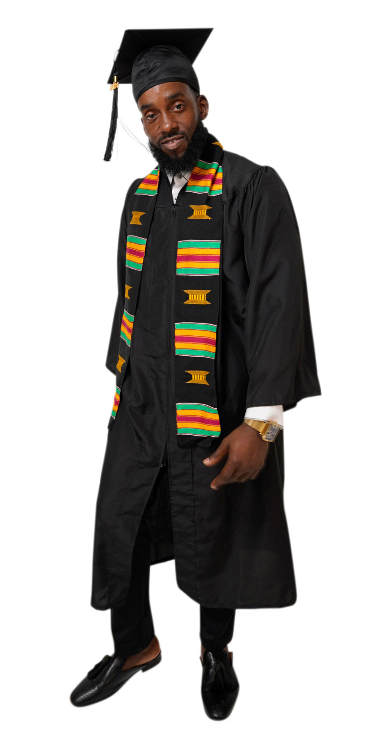 Black and Gold Handwoven Kente Cloth Graduation Stole - Authentic African Heritage Sash DP2169BLK | Perfect for Graduation Ceremonies, Cultural Events & African Pride Celebrations