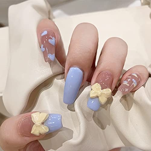 24PCS Peach Bow False Nails with Blue Pattern - Press on Nails for DIY Manicure, Salon Quality, Easy to Apply & Remove - Perfect for Parties, Weddings, and Special Occasions