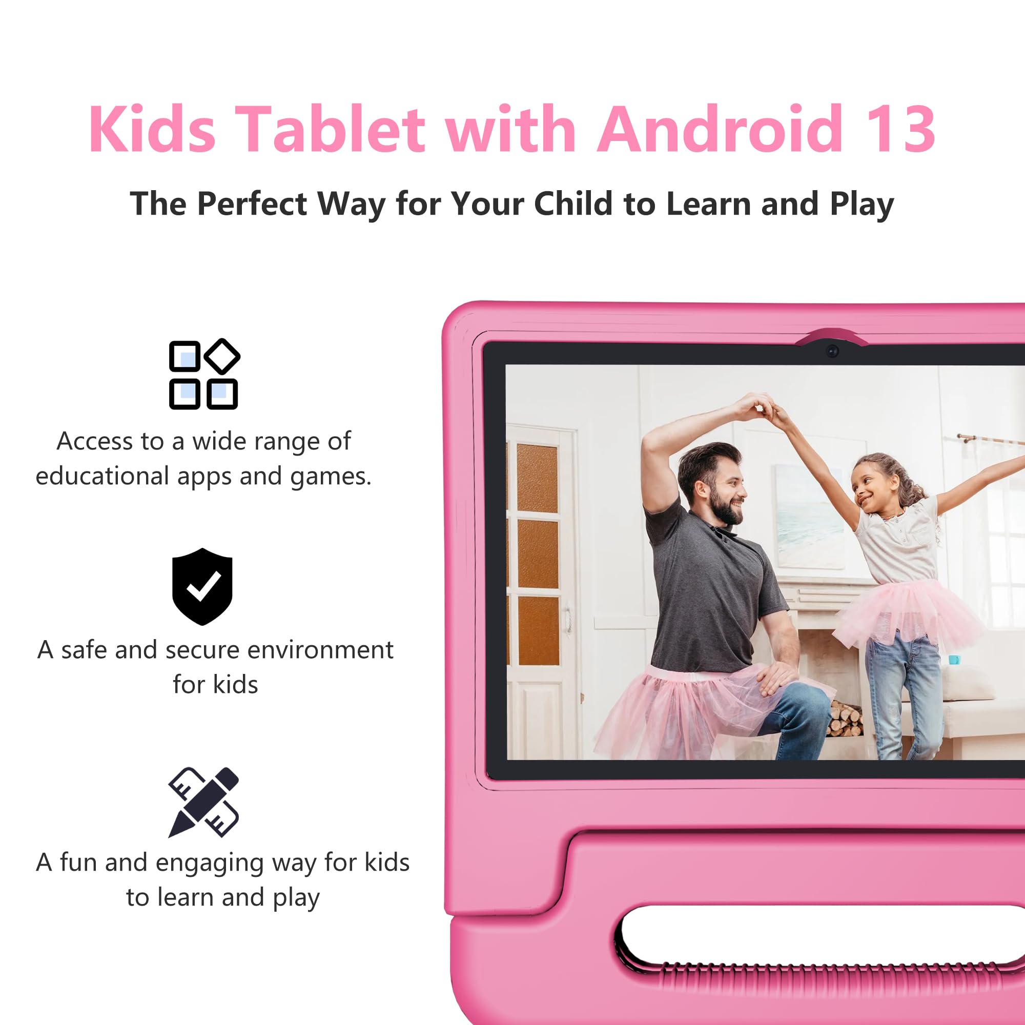 10 Inch Kids Tablet with Android 13 | 4GB RAM 64GB Storage | 8-Core CPU & WiFi 6 | 12H Battery & Parental Control | HD Display & Dual Cameras | Shockproof Case & Preloaded Educational Apps - Perfect for Learning, Entertainment & Travel
