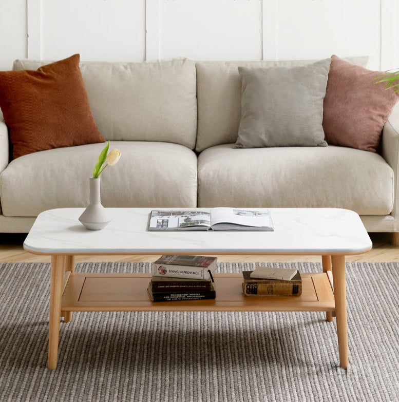 Solid Oak Wood Slate Coffee Table - Rustic Modern Living Room Furniture for Home Decor & Relaxation