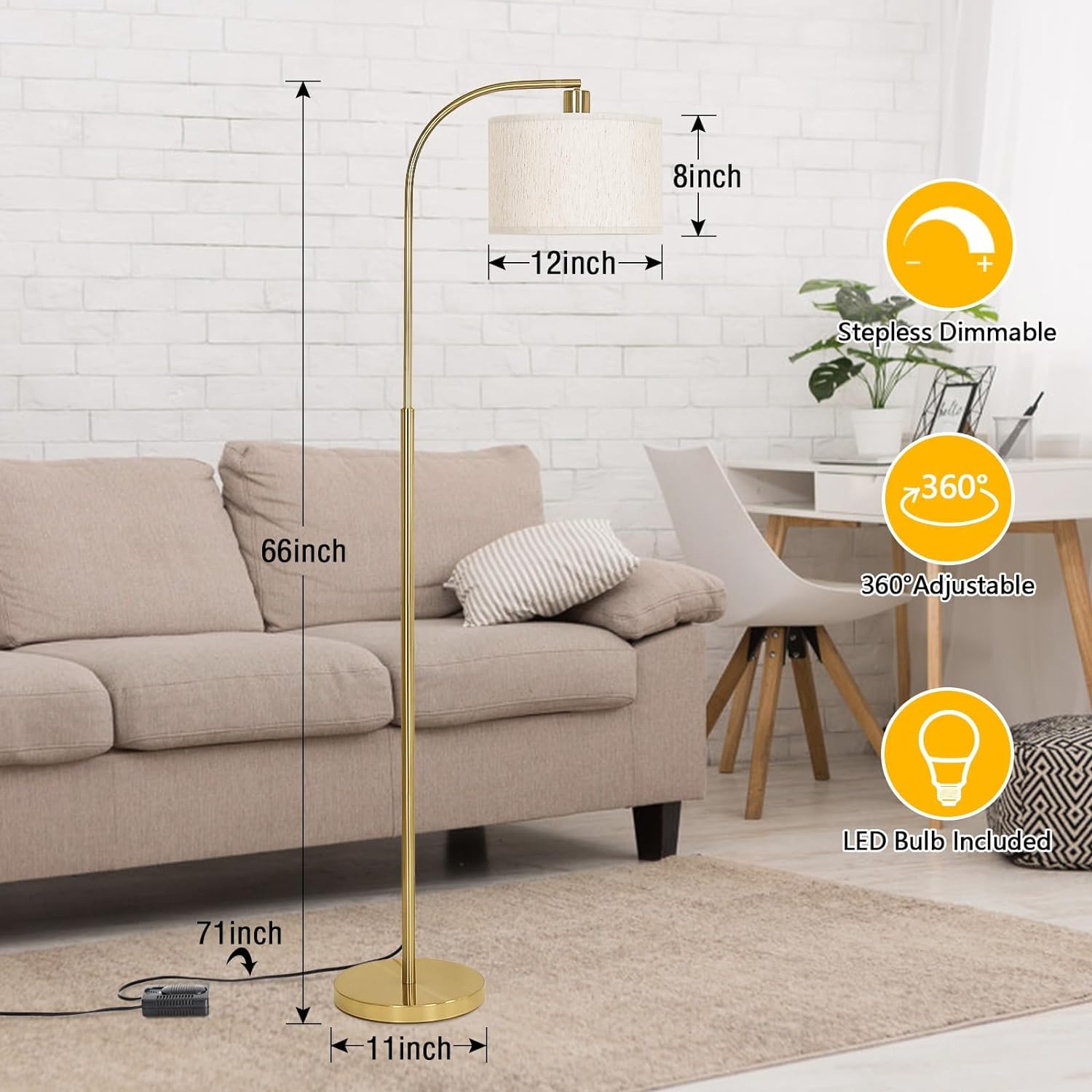 Boncoo LED Floor Lamp - Fully Dimmable Modern Standing Arc Lamp with Adjustable Drum Shade, Tall Pole Reading Light for Living Room, Bedroom & Study (Bulb Included) - Perfect for Cozy Reading Nooks, Home Office Lighting & Ambient Bedroom Illumination