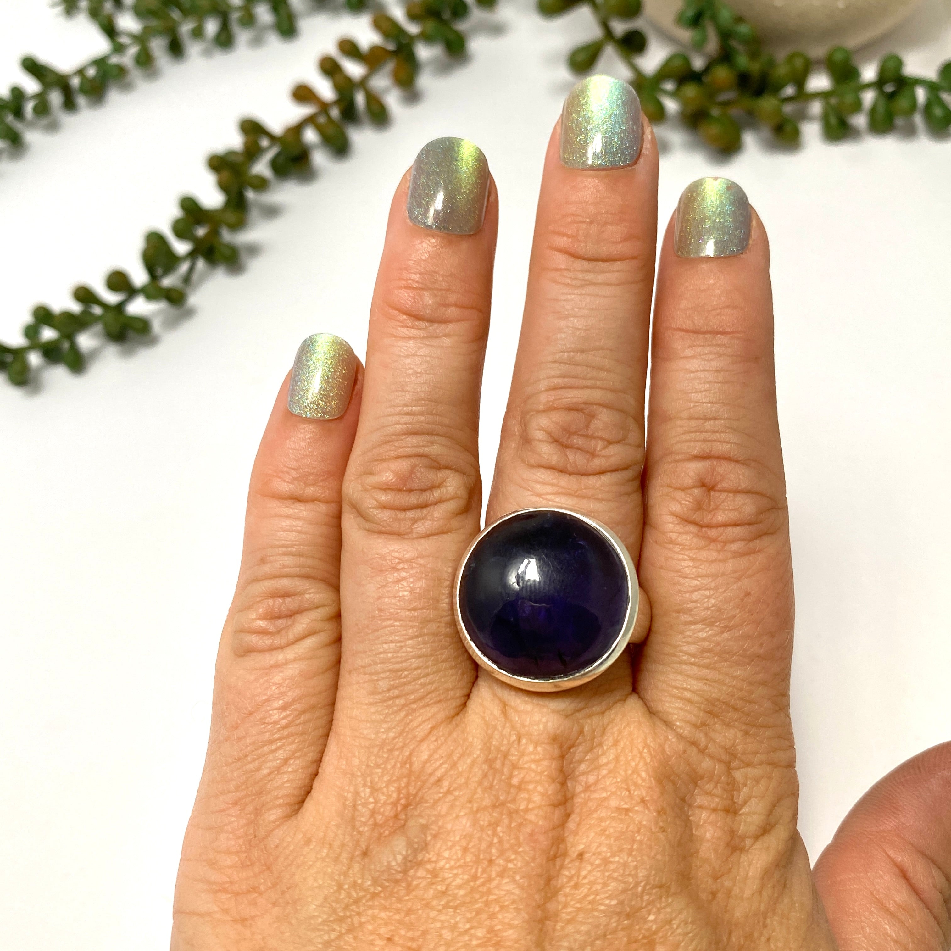 Iolite Round Cabochon Ring Size 9.5 - Elegant Purple Gemstone Jewelry for Women, Perfect for Weddings, Parties & Special Occasions