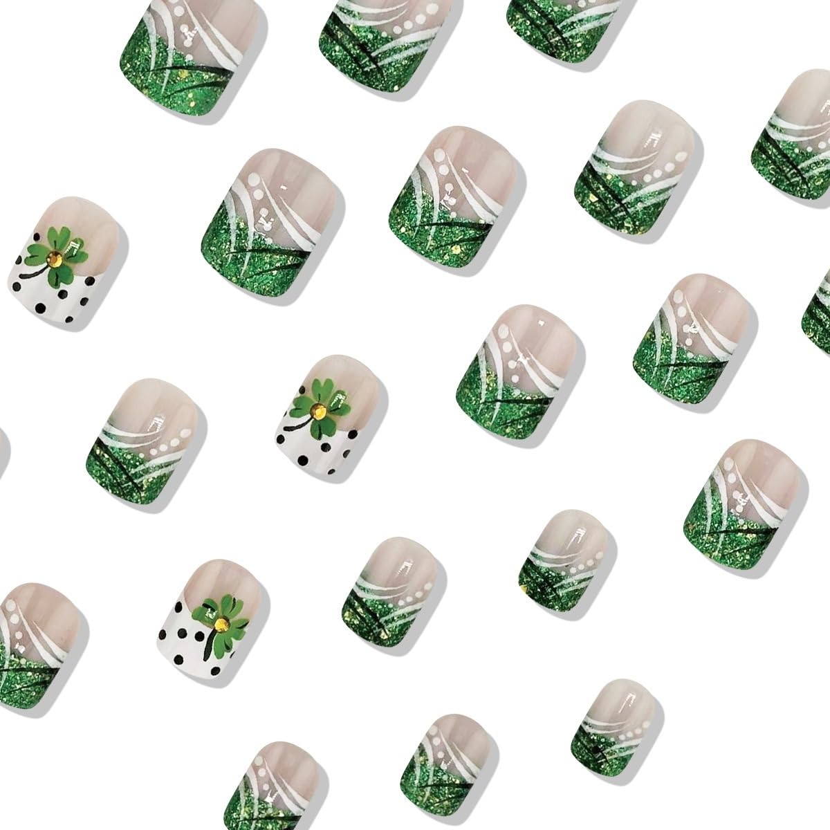 24Pcs St. Patrick's Day Press on Nails - Short Square Fake Nails with Green Shamrock Glitter Design, Irish Clover Acrylic False Nails for Women (Glue Included) | Perfect for Parties, Festivals & Irish Themed Events