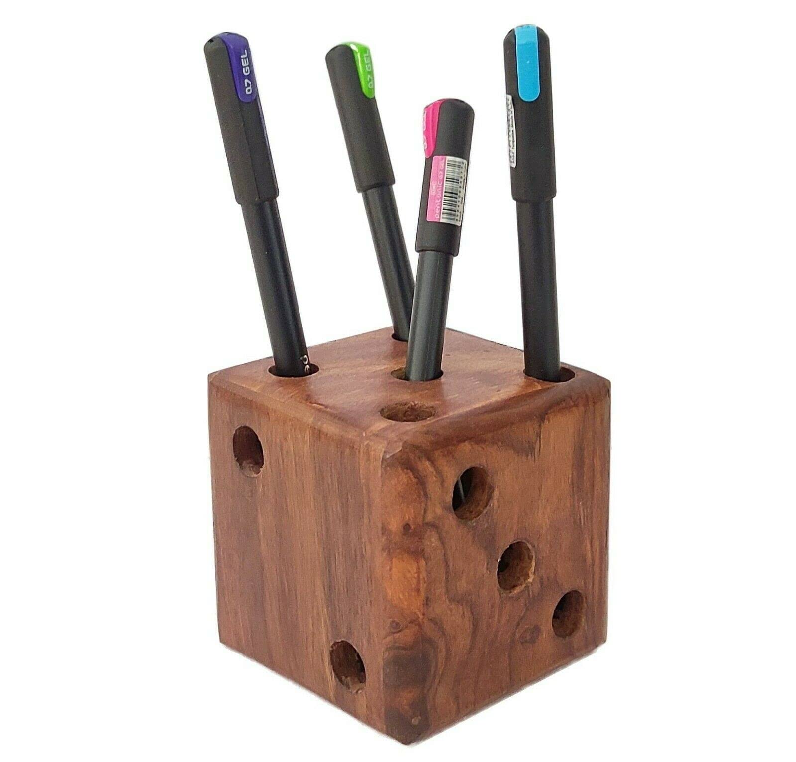 Brown Wooden Pen Holder - Handcrafted Desk Organizer for Office & School