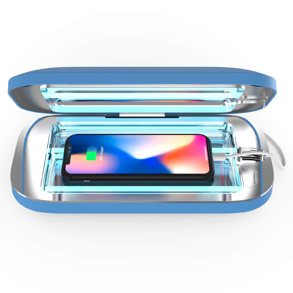 PhoneSoap Pro UV Smart Phone Sanitizer & Universal Charger | Clinically Proven 360° UV-C Disinfection for iPhone, Samsung, Android | Wireless Charging Station | Kills 99.9% Germs | Perfect for Home, Office, Gym & Travel (Blue)
