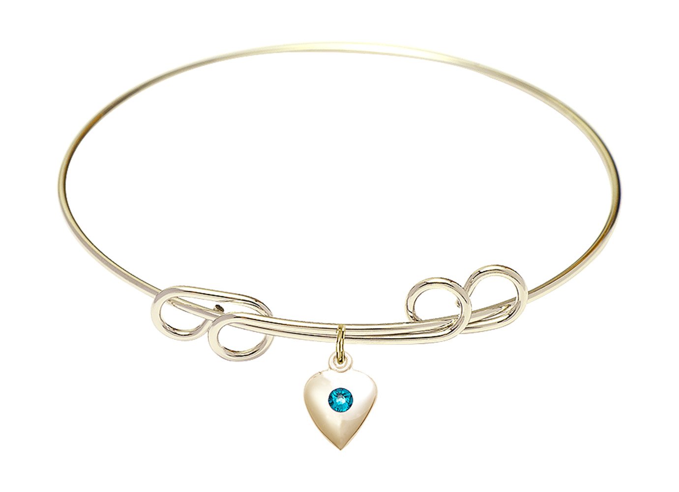 8 Inch Round Double Loop Bangle Bracelet with Heart Medal Charm & December Blue Crystal - Elegant Jewelry for Women, Perfect for Parties, Weddings, and Special Occasions