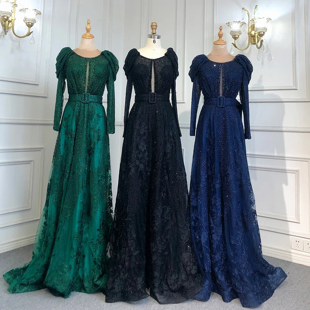 Luxury Dubai Blue Muslim Lace Beaded Evening Gowns for Women - Elegant A-Line Long Sleeve Wedding Party Dresses 2025 | Perfect for Formal Events, Bridal Showers & Special Occasions