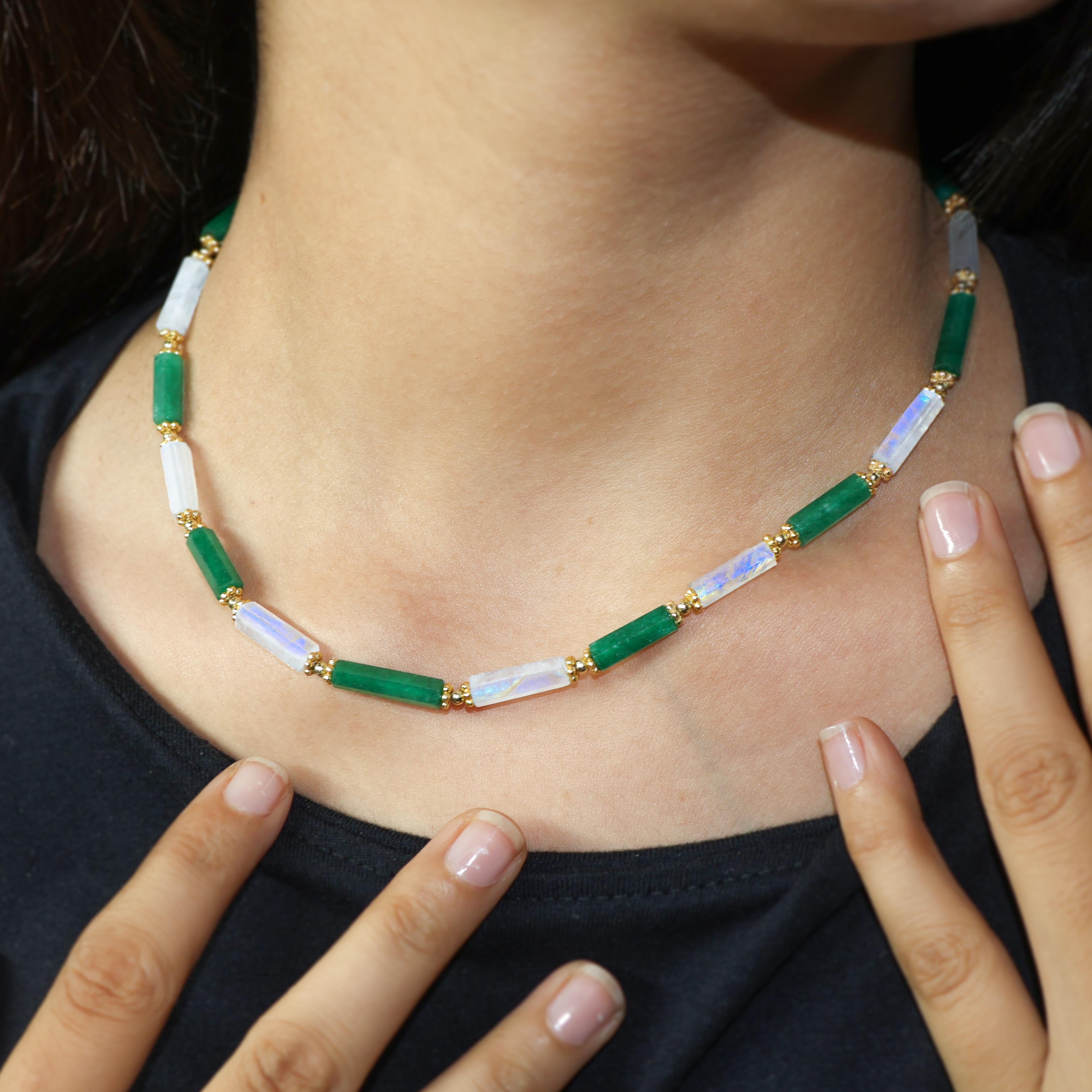 Handmade Green Emerald & Rainbow Moonstone Necklace - Elegant Boho Jewelry for Women, Gift for Her | Perfect for Weddings, Parties & Everyday Wear
