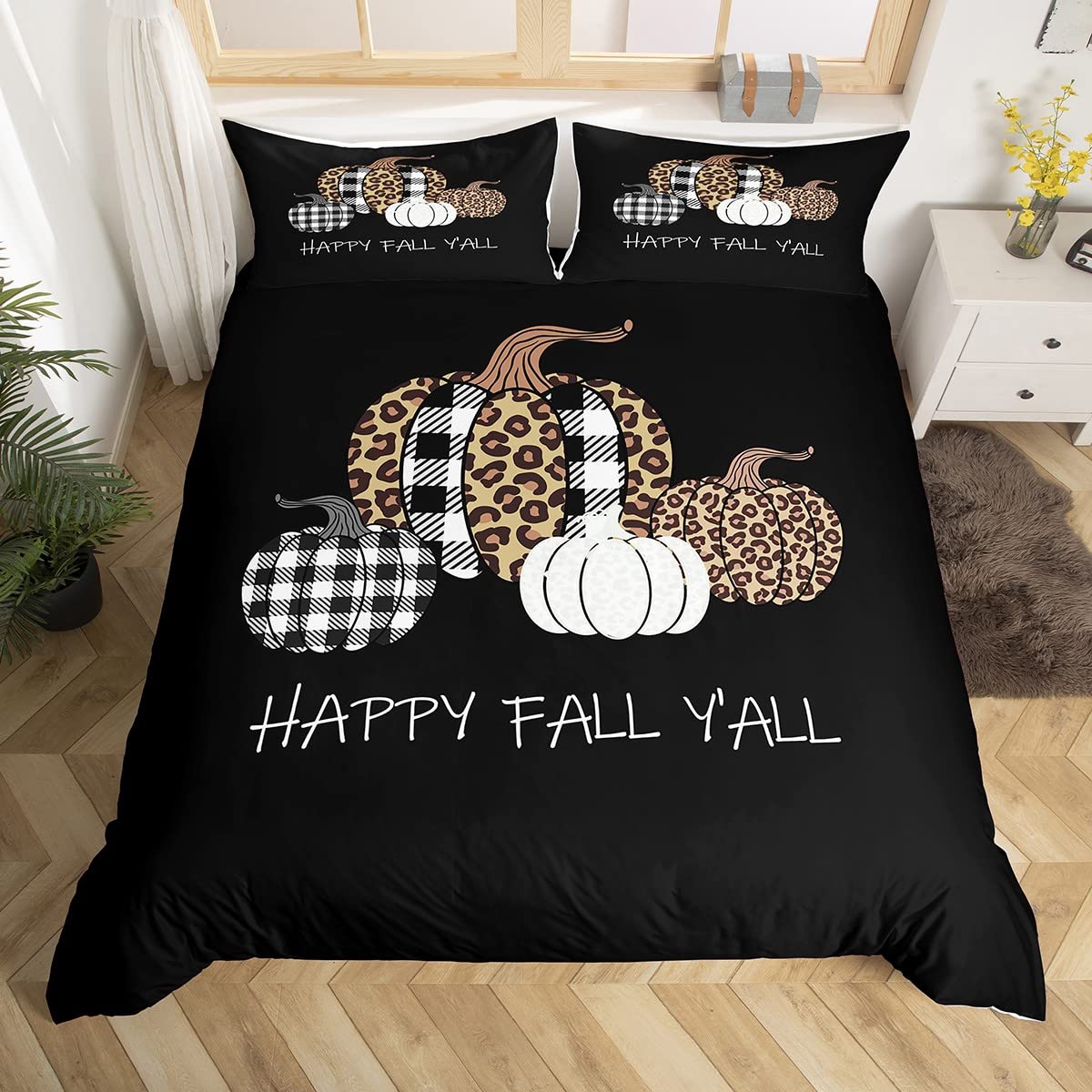 Halloween Pumpkin Duvet Cover Twin Size - Fashion Grid & Leopard Print Comforter Set for Kids & Teens - Fall Bedding Decor for Boys & Girls Bedrooms (White) - Perfect for Seasonal Home Decor & Cozy Autumn Nights