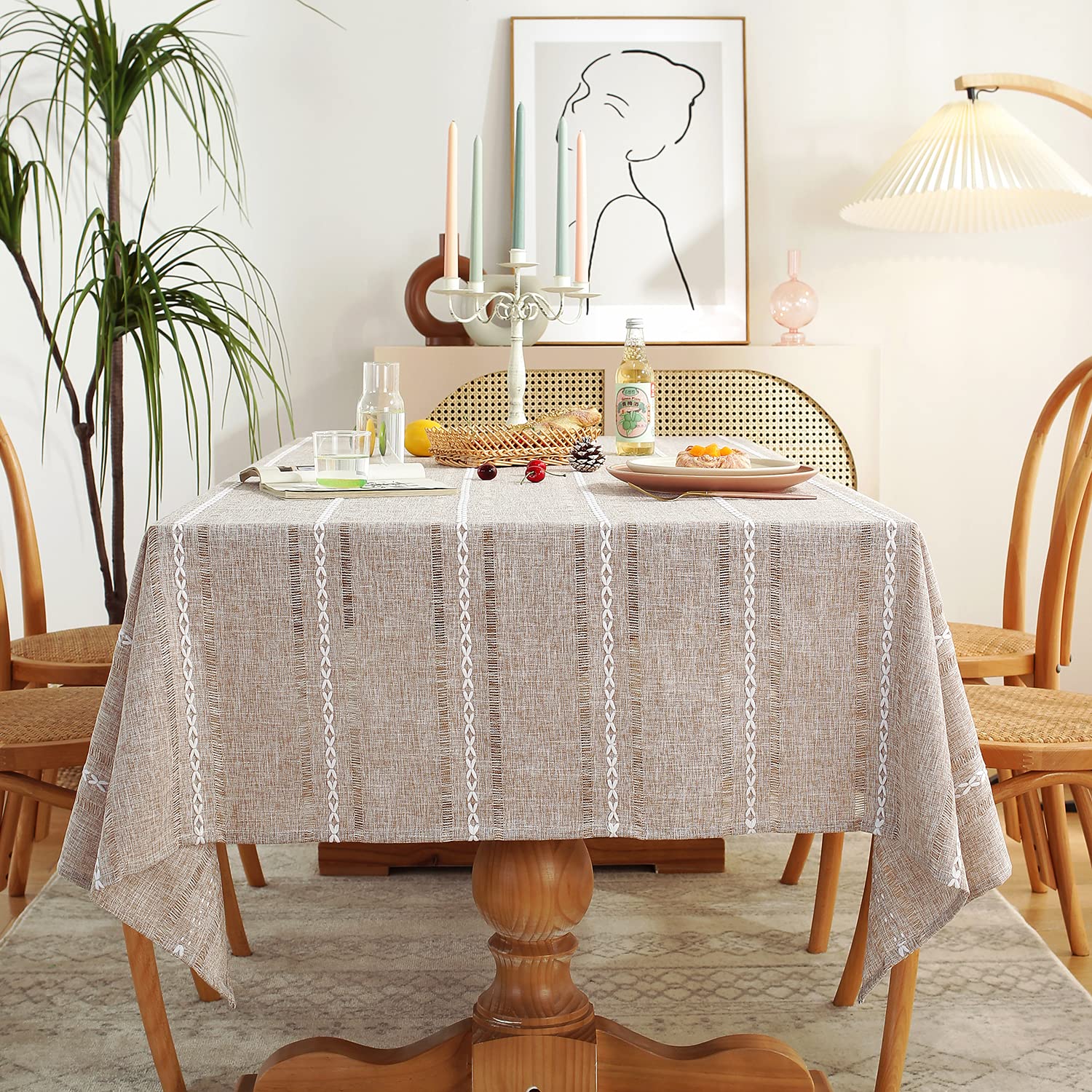 Farmhouse Style Linen Tablecloth 60x84 Inches - Wrinkle Resistant, Washable Rectangle Dining Table Cover in Light Coffee with Hemstitch Detail | Perfect for Rustic Weddings, Holiday Dinners & Farmhouse Decor