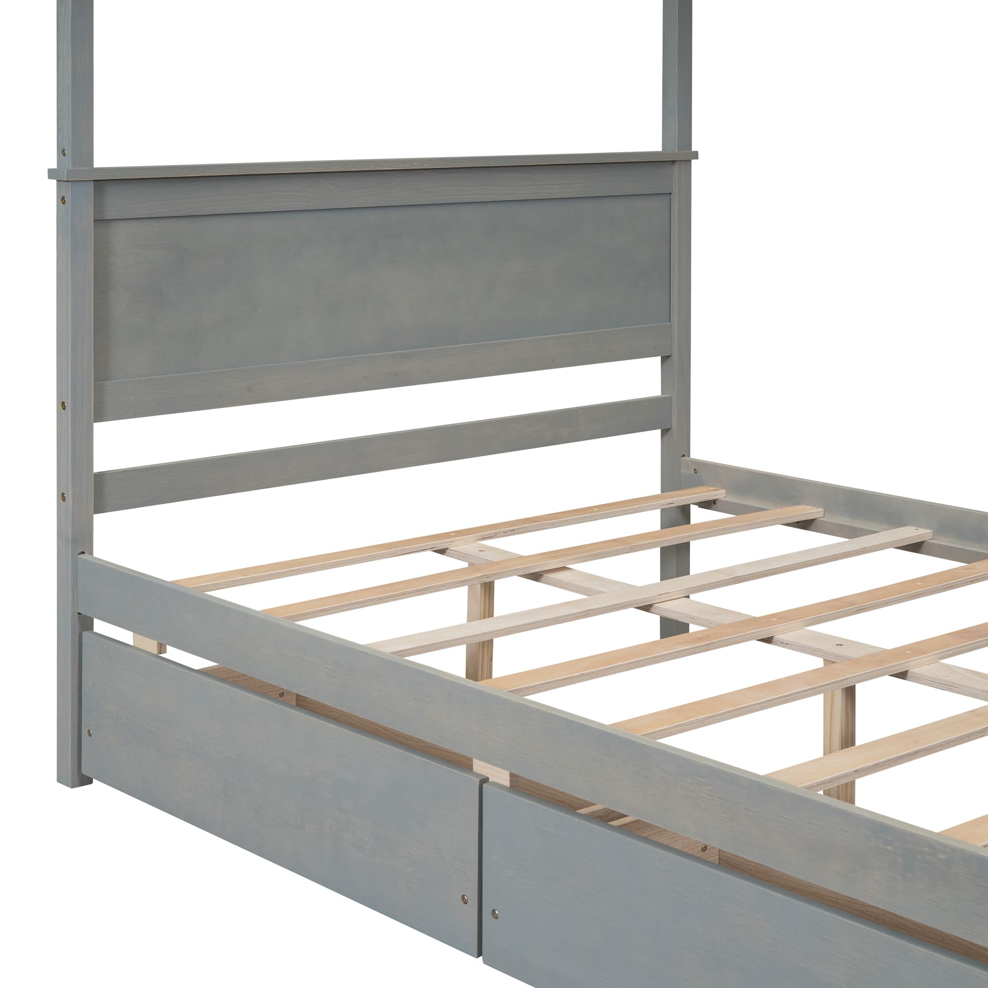LZ LEISURE ZONE Full Size Wood Canopy Platform Bed with 2 Storage Drawers & Support Slats - Brushed Gray Finish - Perfect for Bedroom, Guest Room & Small Space Living