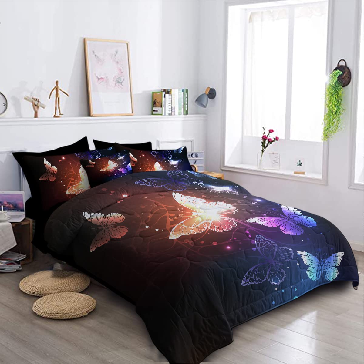 **BlessLiving 8-Piece Butterfly Comforter Set - Sparkle Bedding with Glow Butterflies, Dark Blue King Size Bed in a Bag (1 Comforter, 2 Shams, 1 Flat Sheet, 1 Fitted Sheet, 2 Pillowcases, 1 Cushion Cover) - Perfect for Bedroom Decor, Guest Room, and Luxury Home Styling**