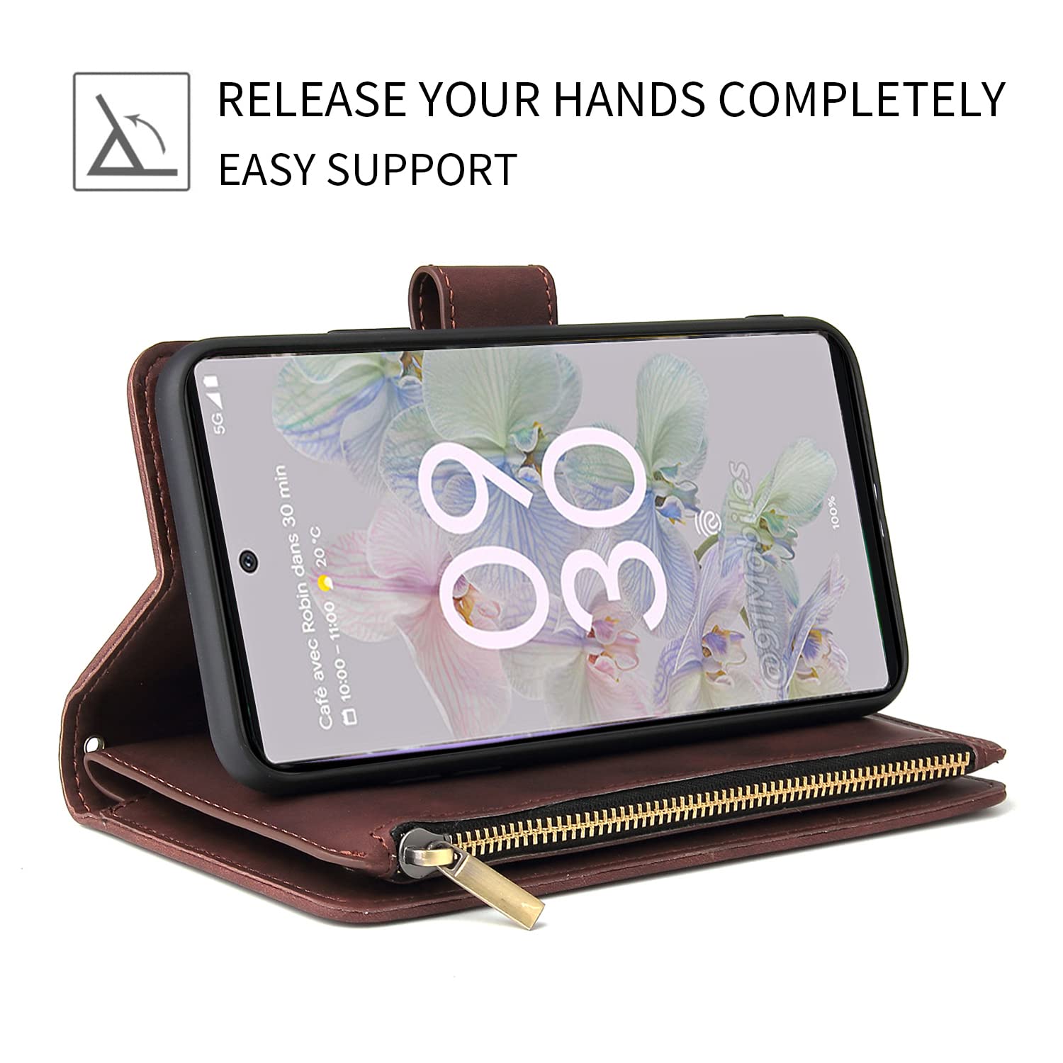 **Google Pixel 7 Pro Magnetic Leather Wallet Case – 6-Card Holder, Hand Strap & Zipper Pocket – Shockproof Flip Cover with Stand for Men & Women (Coffee) – Perfect for Travel, Work & Daily Use**