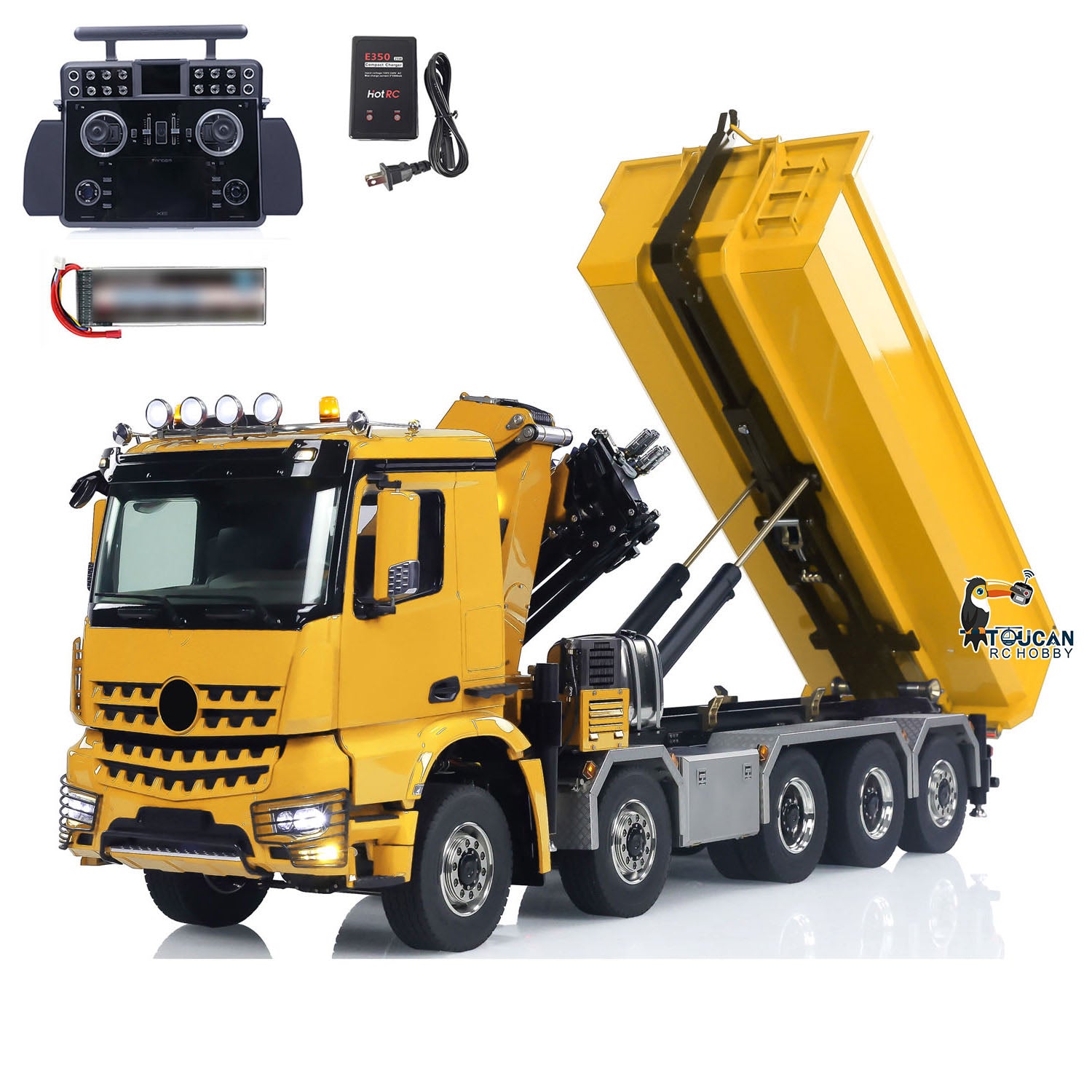 1:14 Scale 10x10 RC Hydraulic Crane Truck - Full Dump Metal Lorry with Rear Axle Steering & U-Shaped High-Standard Bucket & Timber Flatbed - Perfect for Construction Site Simulation, RC Hobbyists, and Collectors