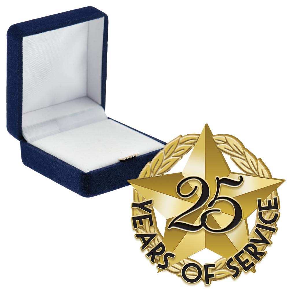 25 Years of Service Pin with Blue Velvet Presentation Case - Crown Awards Employee Recognition Gift for Work Anniversary, Retirement, or Milestone Celebration