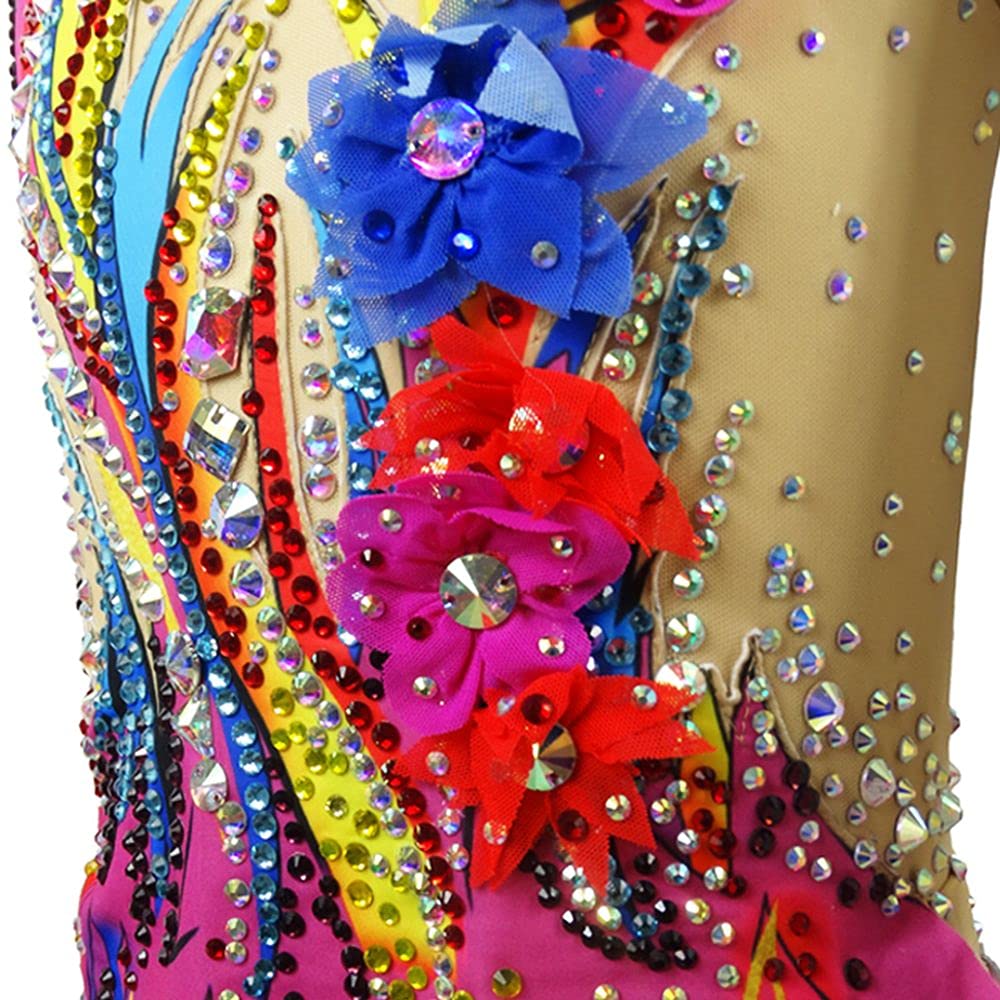 LIUHUO Women's Rhythmic Gymnastics Tights with Flower Butterfly Design - Sparkling Diamond Pink Leggings for Dance, Performance & Competition