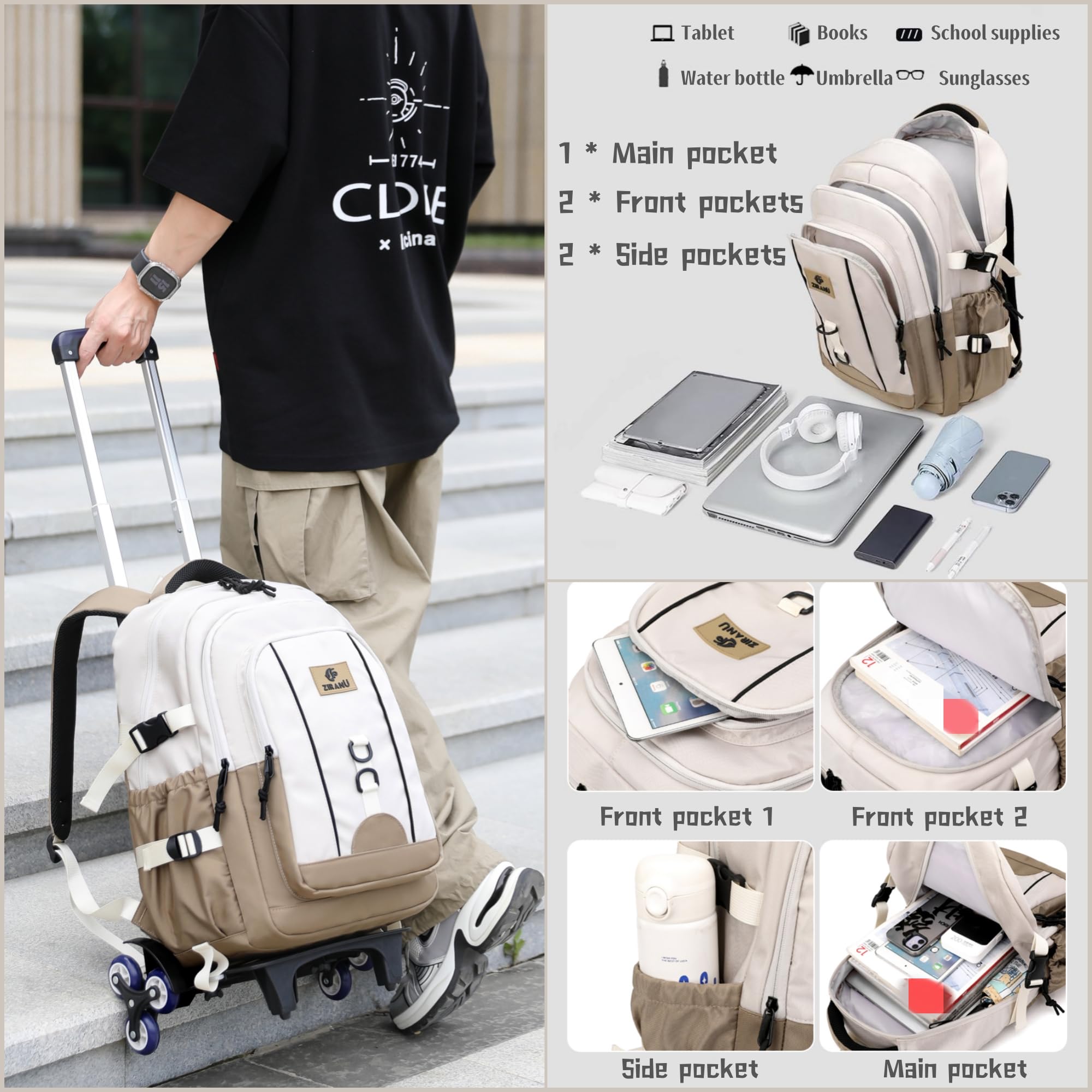 6-Wheel Rolling Backpack for Boys - Durable Black School Backpack with Wheels | Perfect for Elementary Students, Travel & Daily Commute