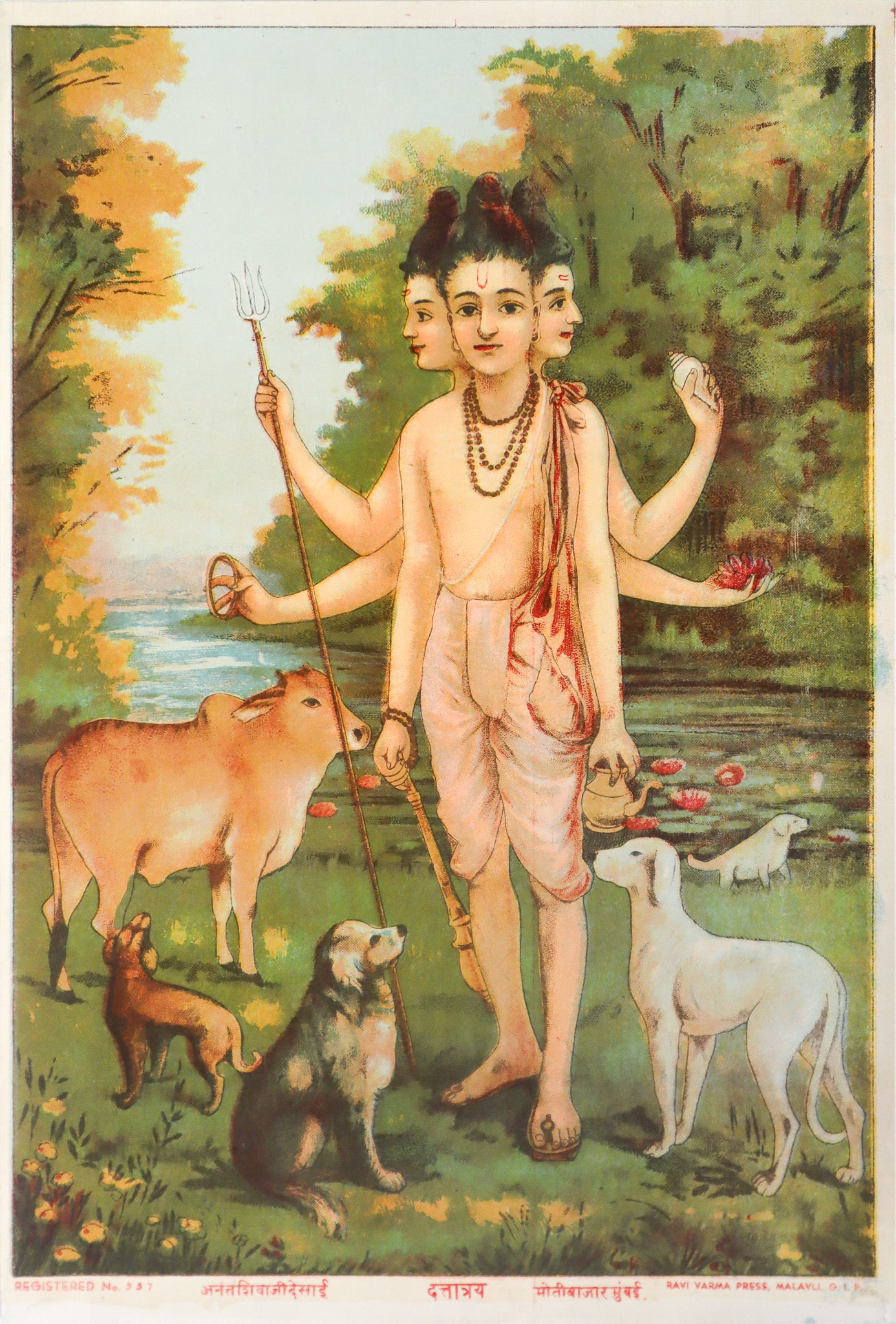 1920 Indian Offset Lithography Print - Dattatraya Three-Headed Hindu God in Pink Pants with Animals | Ravi Varma Press | Vintage Home Decor & Spiritual Art Collection
