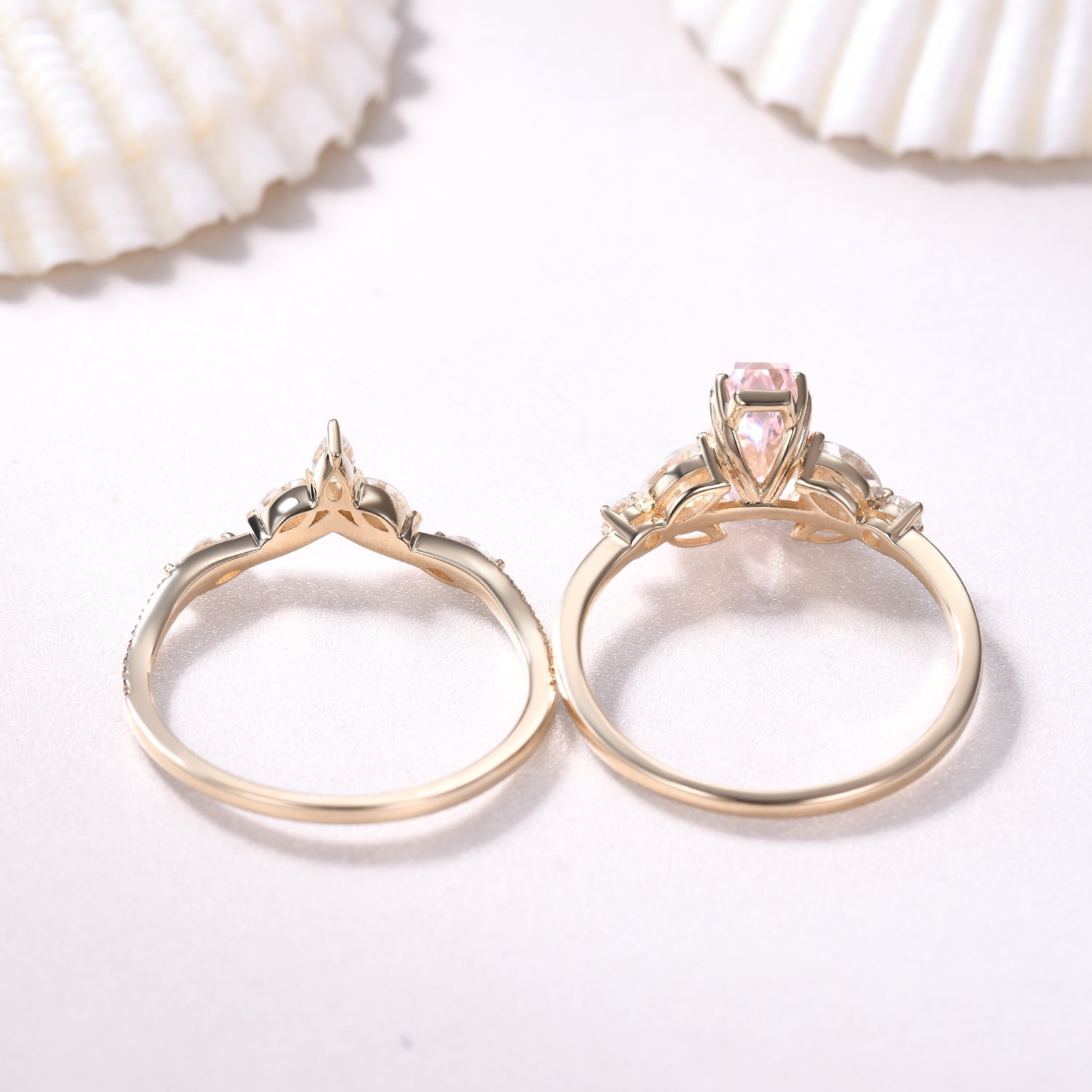 Elegant Coffin-Shaped Morganite Bridal Ring Set with Curved Matching Wedding Band - Perfect for Gothic Weddings, Alternative Engagement, and Unique Bridal Jewelry Gifts