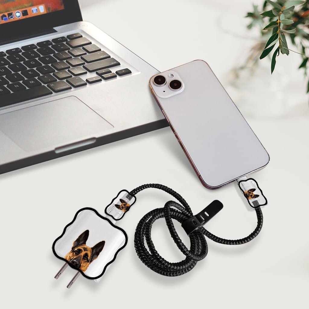 Wirester 5-in-1 Cable Protector Set for 18W/20W USB-C Charger - Durable Charging Cable Cover with German Shepherd Design, Compatible with iPhone 11/12/13/14/15 Pro Max & Adapters - Perfect for Home, Office & Travel Use