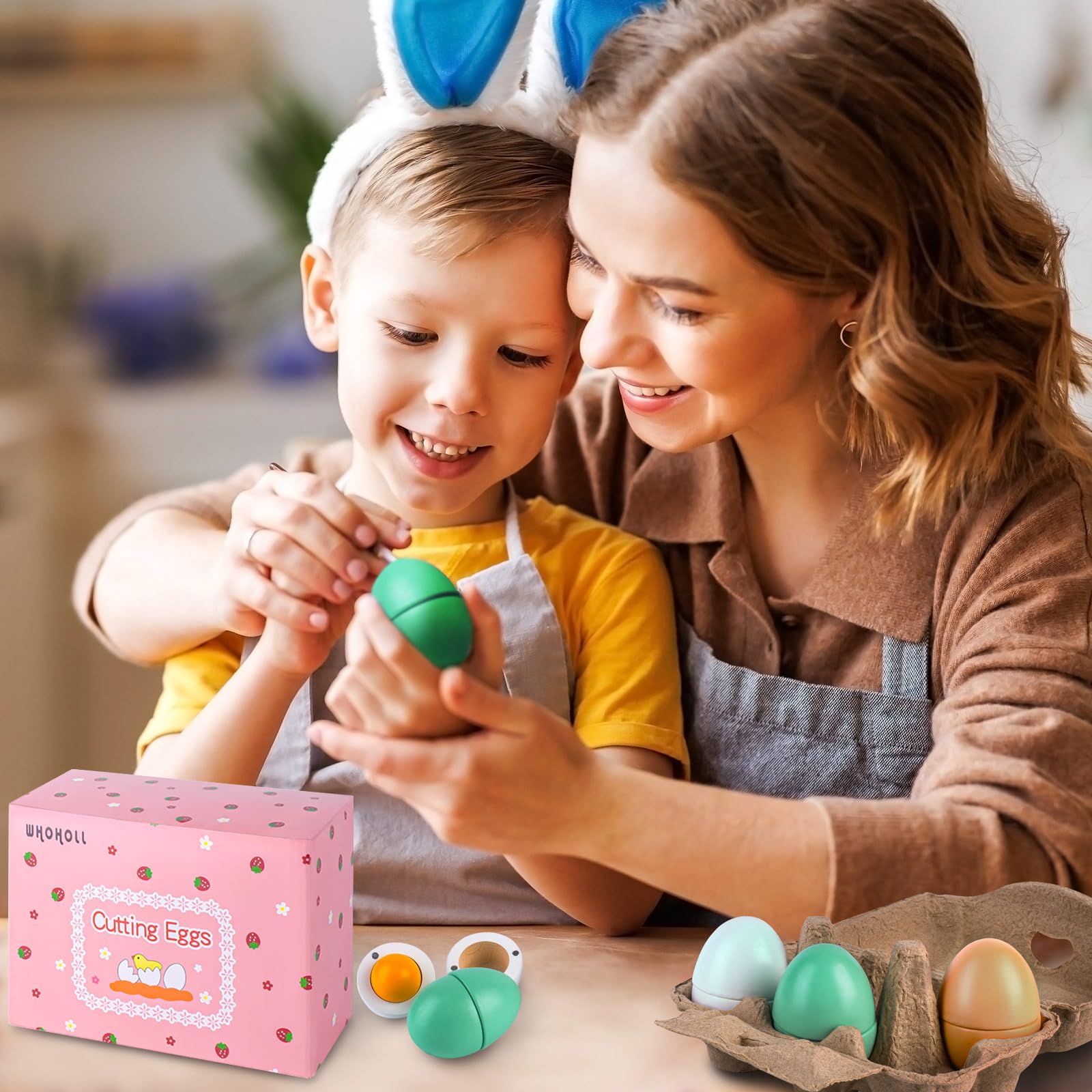 WHOHOLL Wooden Easter Play Eggs Toy - Magnetic Separable Yolk, Durable Wooden Play Food Set for Kids Kitchen, Pretend Play Kitchen Accessories for Toddlers (Boys & Girls) - Perfect for Easter Gifts, Birthday Presents & Montessori Learning Activities