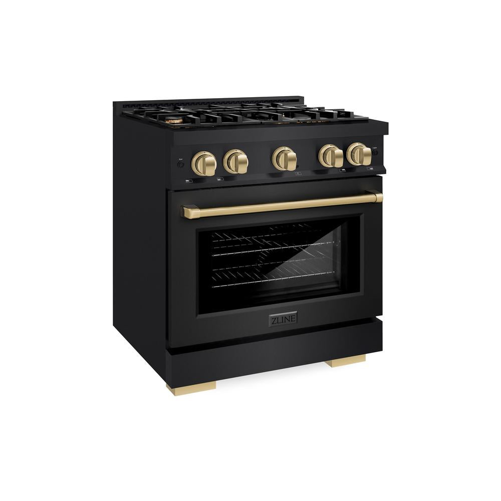 ZLINE Autograph Edition 30-inch 4.2 cu. ft. Dual Fuel Range with 4-Burner Gas Cooktop & Electric Convection Oven - Black Stainless Steel with Champagne Bronze Accents (HDRBZ 30 CB) | Professional Kitchen Appliance for Home Chefs & Cooking Enthusiasts