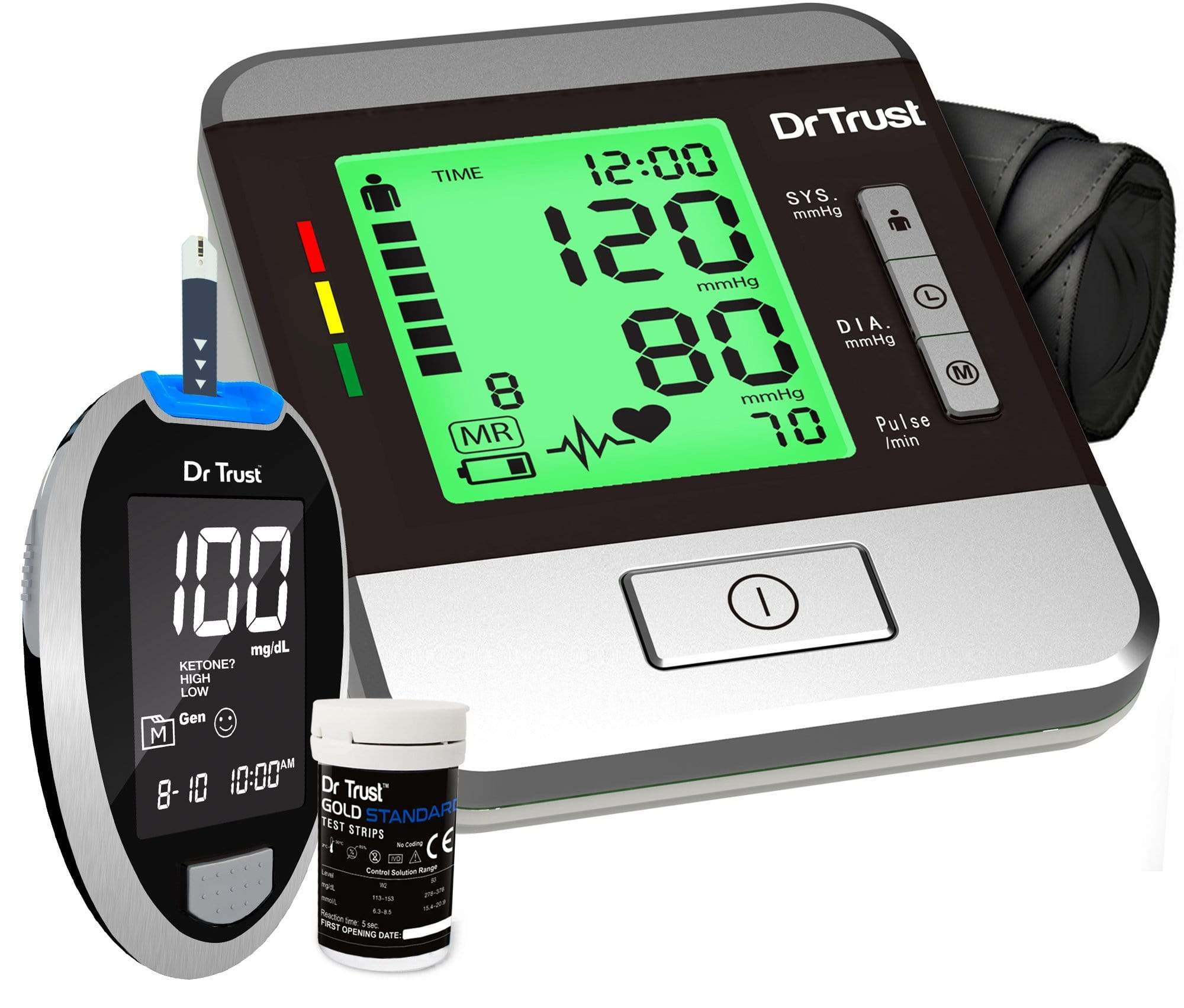 Dr Trust USA Goldline Digital Blood Pressure Monitor 103 + Blood Glucose Meter 9001 with 10 Test Strips | Home Health Monitoring Kit for Diabetes & Hypertension Care