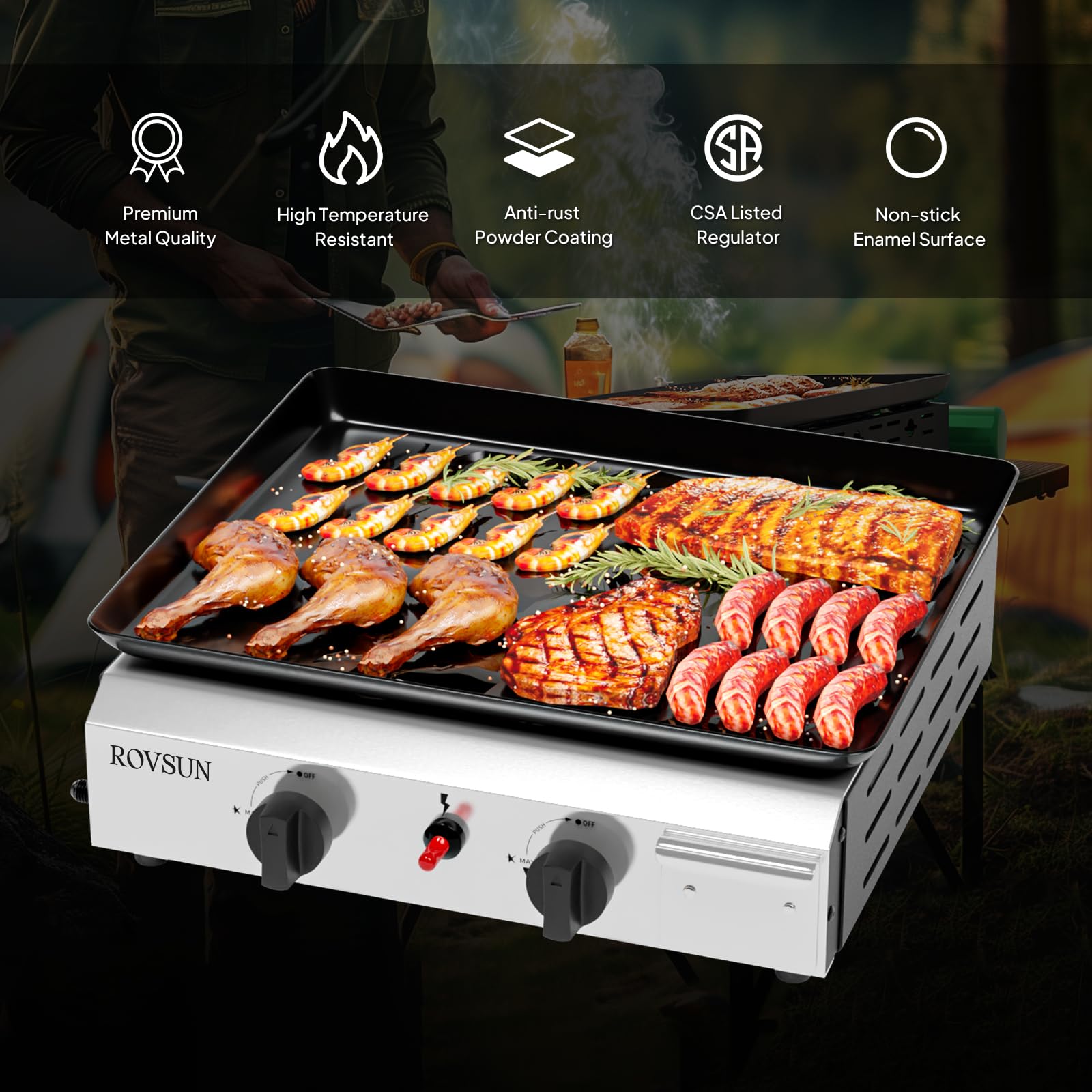 ROVSUN 2 Burner Portable Propane Griddle - 20,000 BTU Nonstick Enameled Flat Top Gas Grill with Electronic Ignition & Regulator for Outdoor Cooking, Camping, BBQ, Tailgating, Picnics - Perfect for Backyard Parties and RV Trips