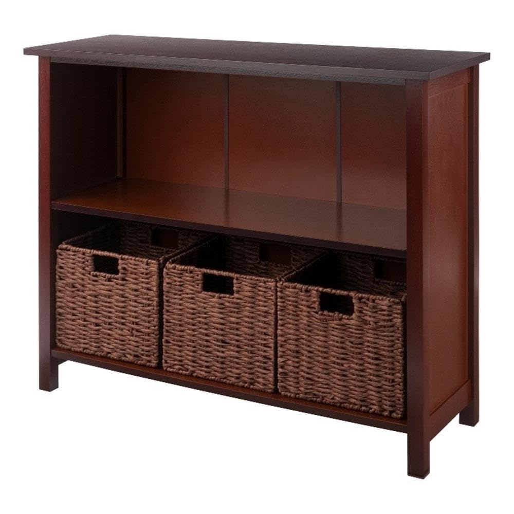 Winsome Wood Milan 4-Piece Storage Shelf with 3 Foldable Woven Baskets in Walnut Finish - Space-Saving Organizer for Bedroom, Bathroom, or Office