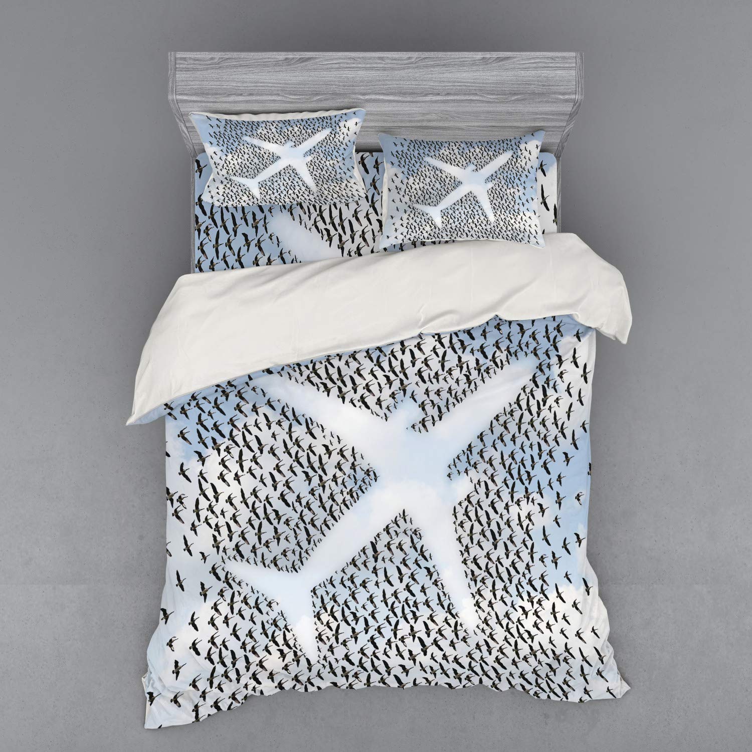 Ambesonne 4-Piece Queen Size Duvet Cover Set - Airplane in The Sky with Doves & Hummingbirds Adventure Travel Theme, Pale Blue Black White Bedding with Shams & Fitted Sheet | Perfect for Vacation Homes, Guest Rooms & Travel-Themed Bedrooms
