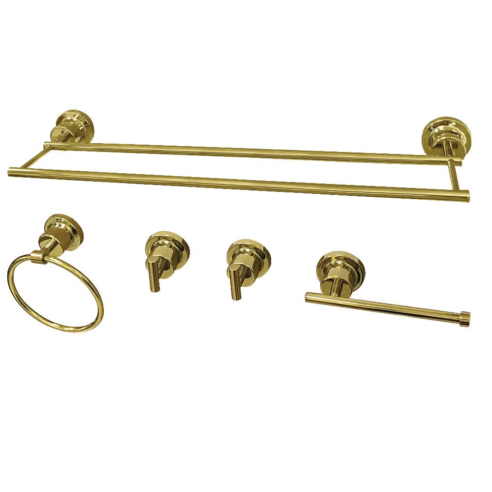 Kingston Brass BAH8213478PB Concord 5-Piece Bathroom Accessory Set in Polished Brass - Shower Shelf, Towel Bar, Robe Hook, Toilet Paper Holder - Perfect for Modern Bathroom Decor