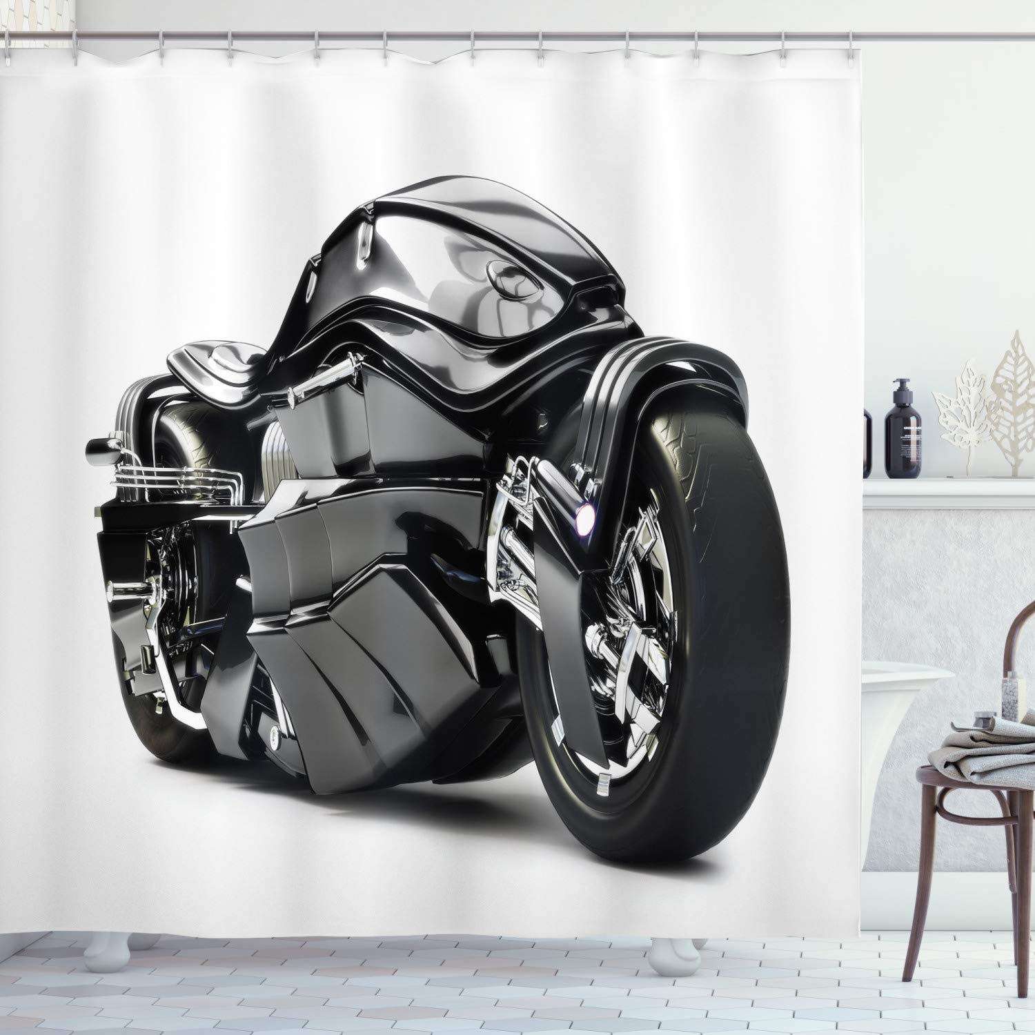 Ambesonne Futuristic Motorcycle Shower Curtain - High-Tech Custom Bike Design, Modern Bathroom Decor with Hooks, 69x84 Inches, Black - Perfect for Motorcycle Enthusiasts & Unique Bathroom Styling