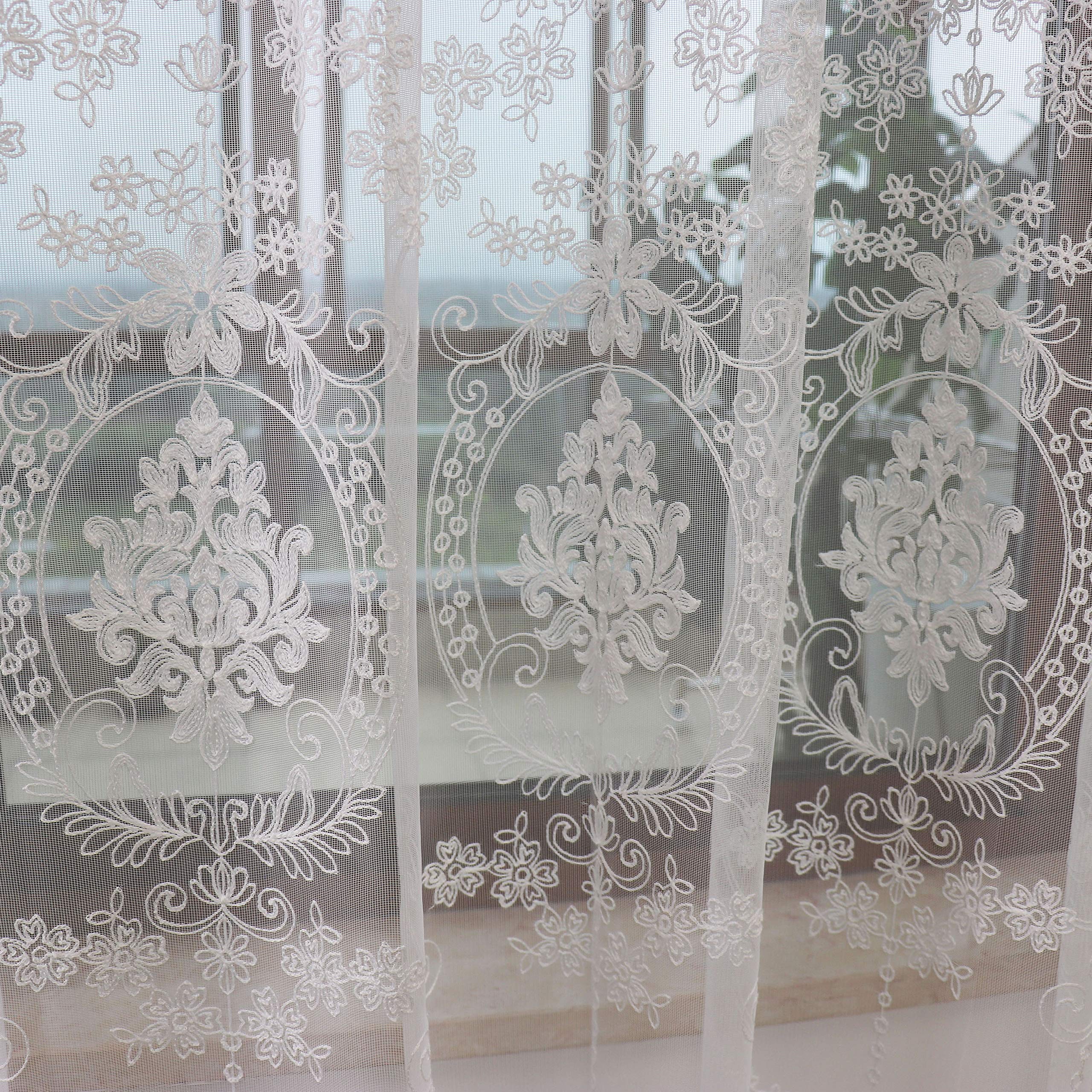 SLOW SOUL 2 Panels White Sheer Embroidered Curtains - European Style Floral Tulle Window Drapes for Living Room & Bedroom, Rod Pocket Design, 54W x 63L Inches - Perfect for Soft Lighting & Romantic Home Decor