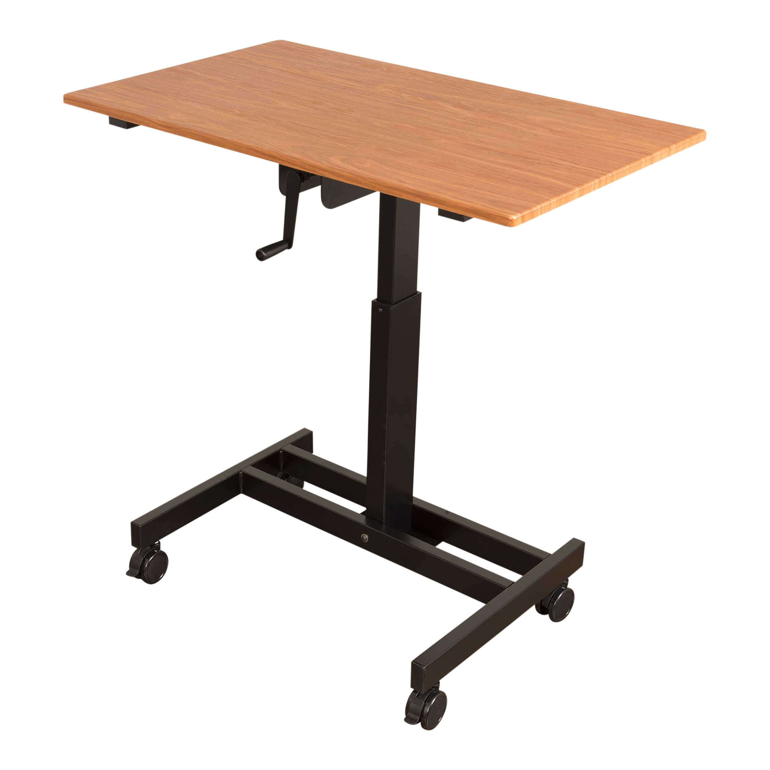 Adjustable Height Rolling Standing Desk with Crank - Single Column Mobile Workstation (Black Frame/Teak Top, 40