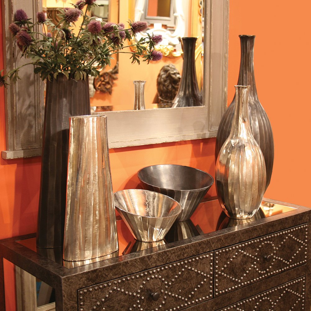 Howard Elliott Chiseled Metal Decorative Flower Vase - Silver Textured Centerpiece for Dining Table, Living Room & Home Decor (8